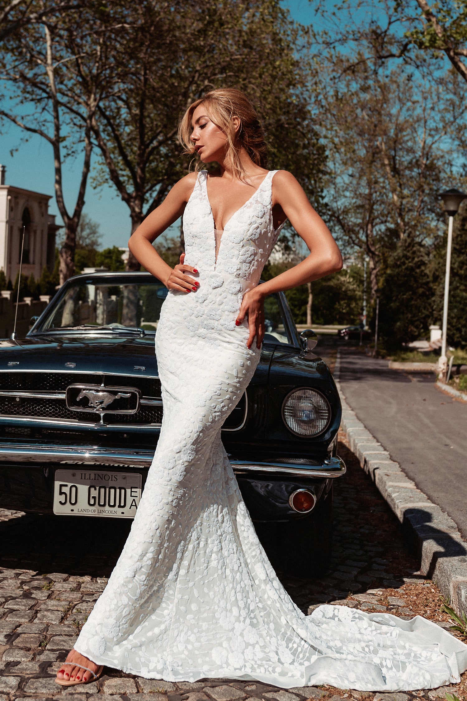 TINA HOLLY COUTURE BB011 white floral lace mermaid dress with V neckline and mesh inset, bridal gown Brisbane to Gold Coast