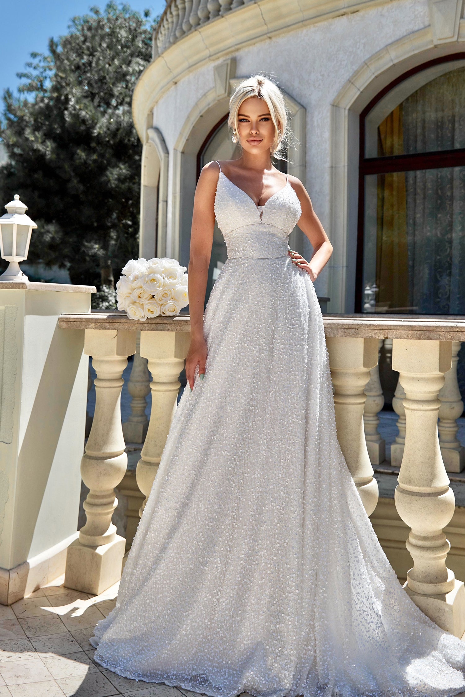 TINA HOLLY COUTURE BB019 open back wedding dress with sequin detail and A-line skirt, elegant bridal gown Brisbane to Gold Coast, Australia