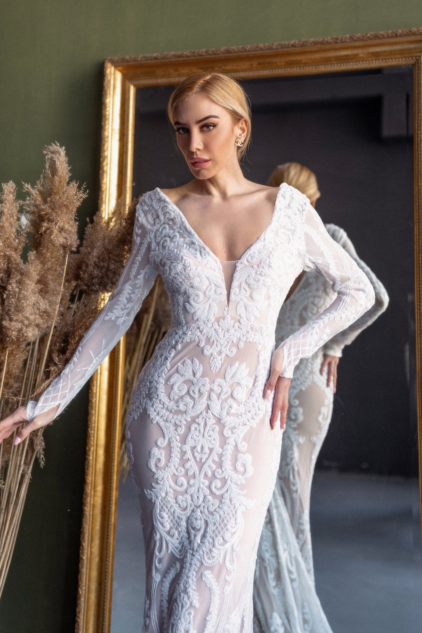 Tina Holly Couture BB021 White & Nude Long Sleeved Mermaid Fitted Sequin Wedding Dress in Australia | One Honey Boutique