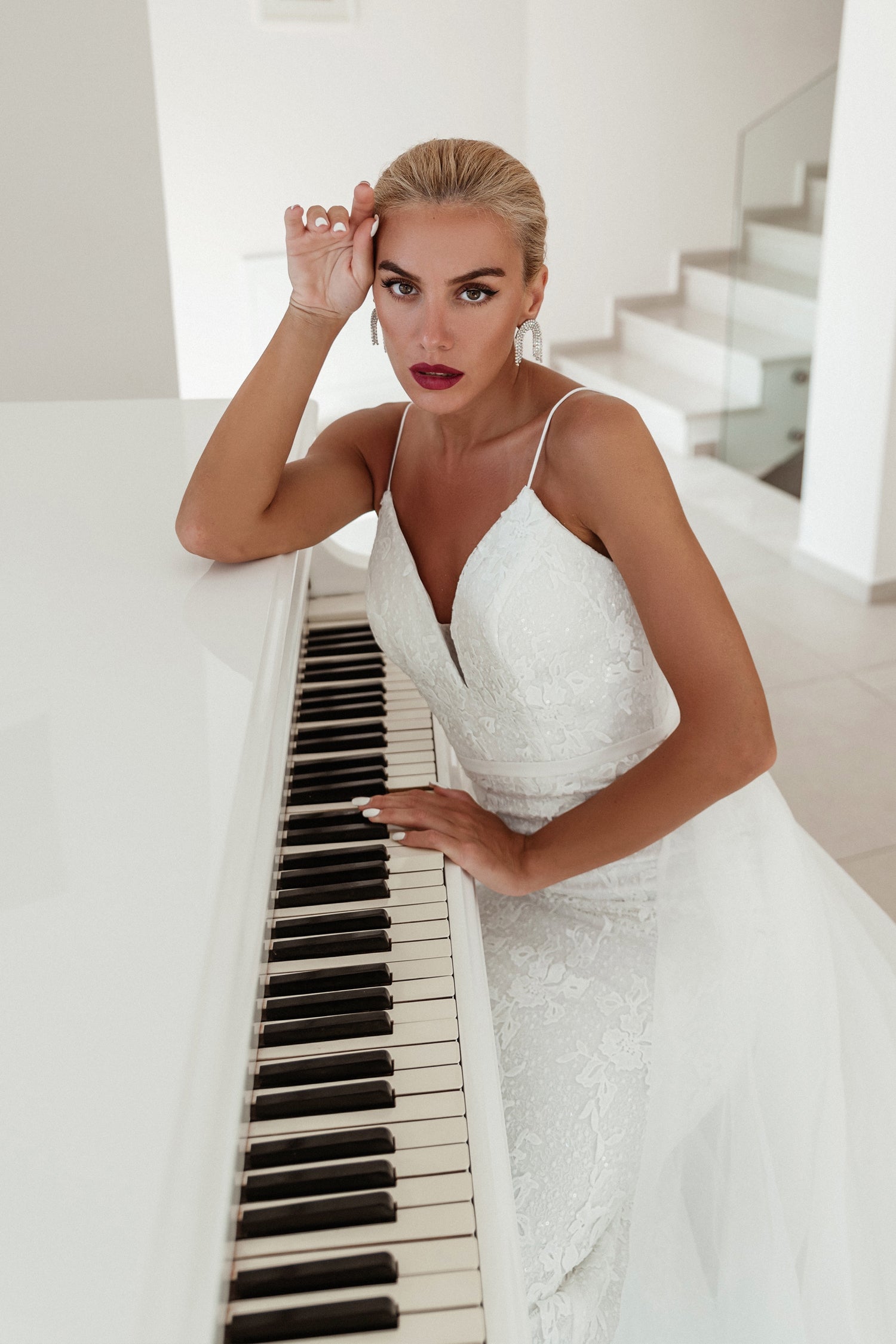 TINA HOLLY COUTURE BB022W white sequin mermaid wedding dress with V neckline and detachable overlay, piano setting, Brisbane to Gold Coast