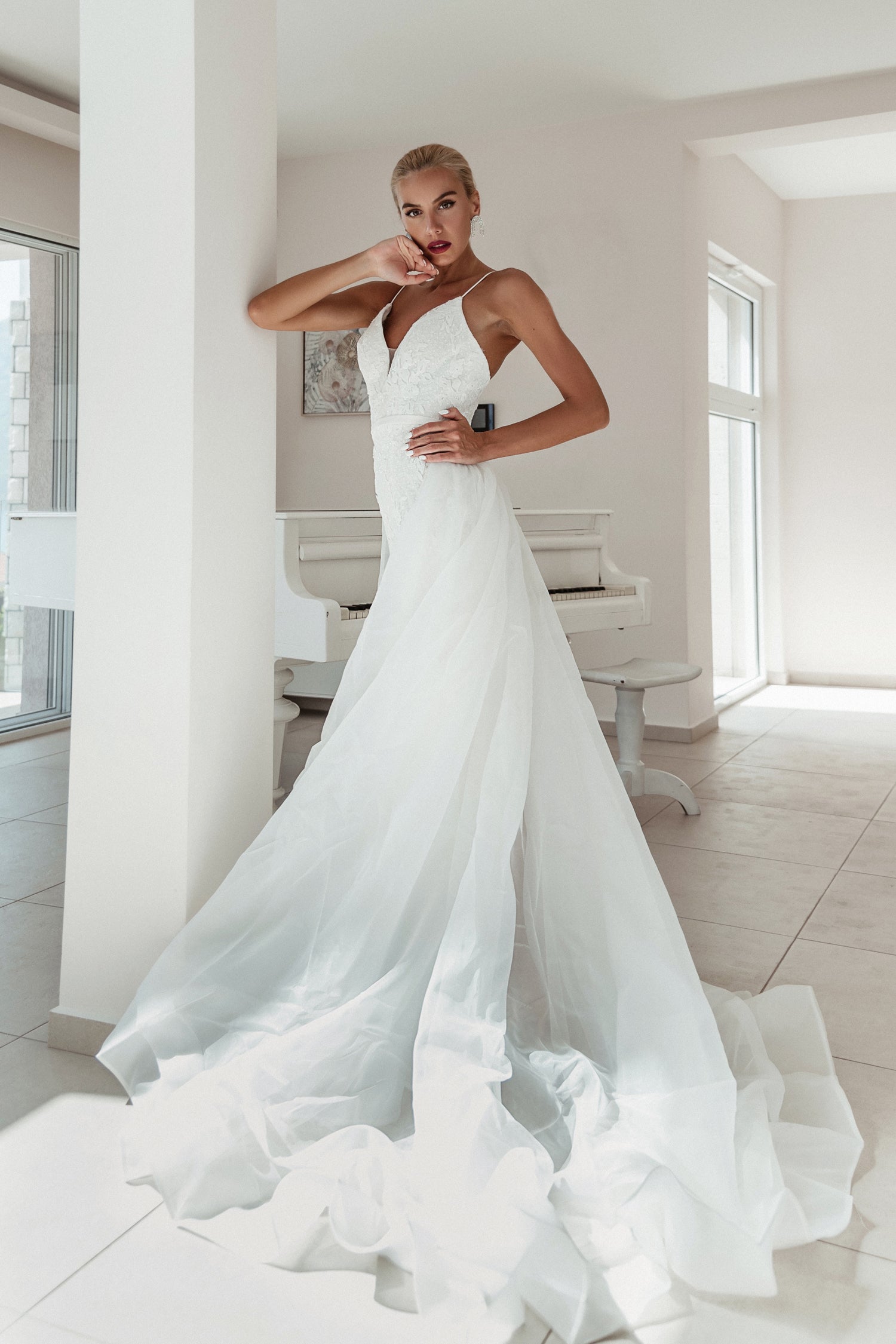 TINA HOLLY COUTURE BB022W sequin mermaid wedding dress with detachable overlay, V neckline, Brisbane to Gold Coast, Australia