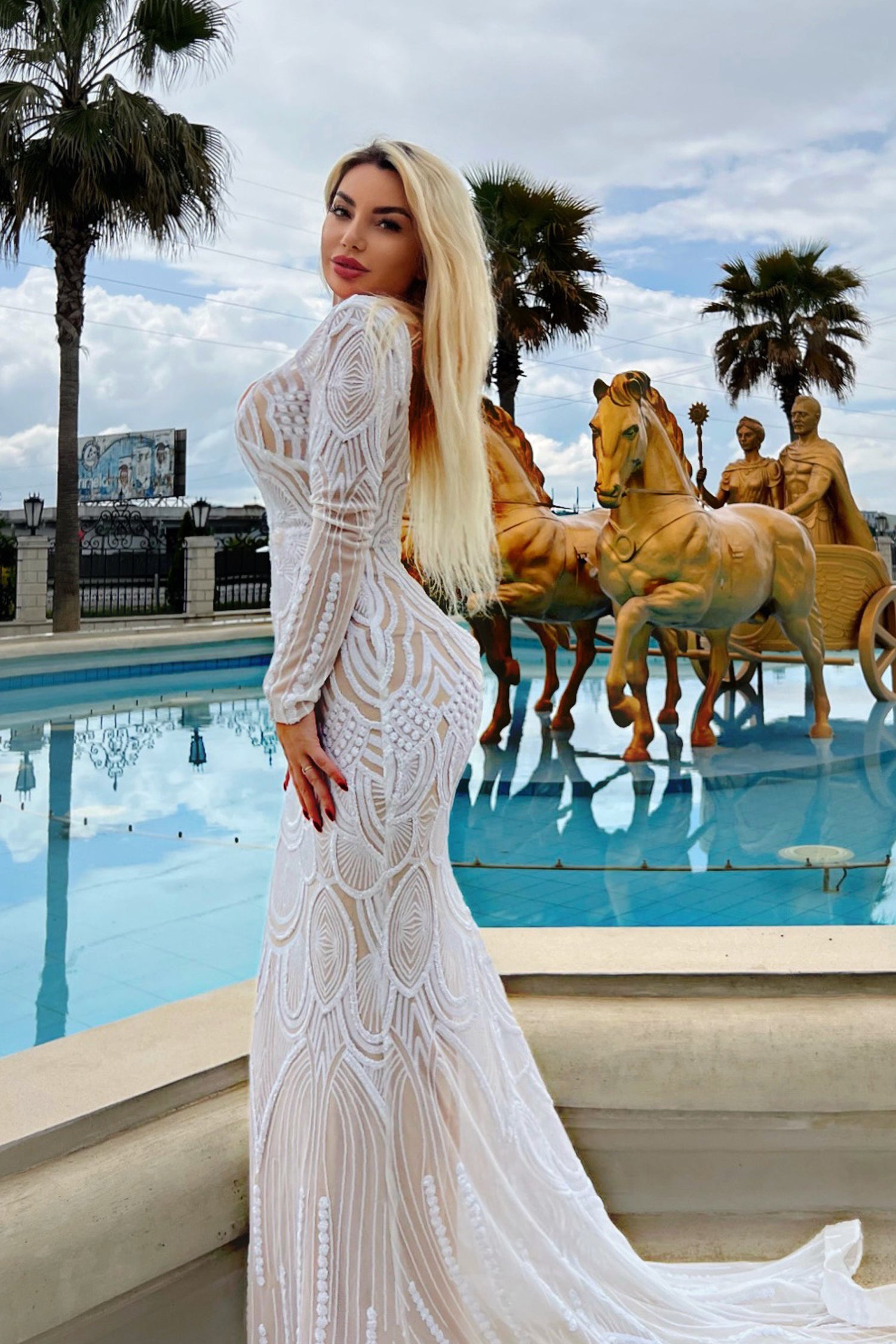TINA HOLLY COUTURE BB025 White & Nude V-neck mermaid wedding dress, low back, mesh detailing, elegant fit, Brisbane to Gold Coast.