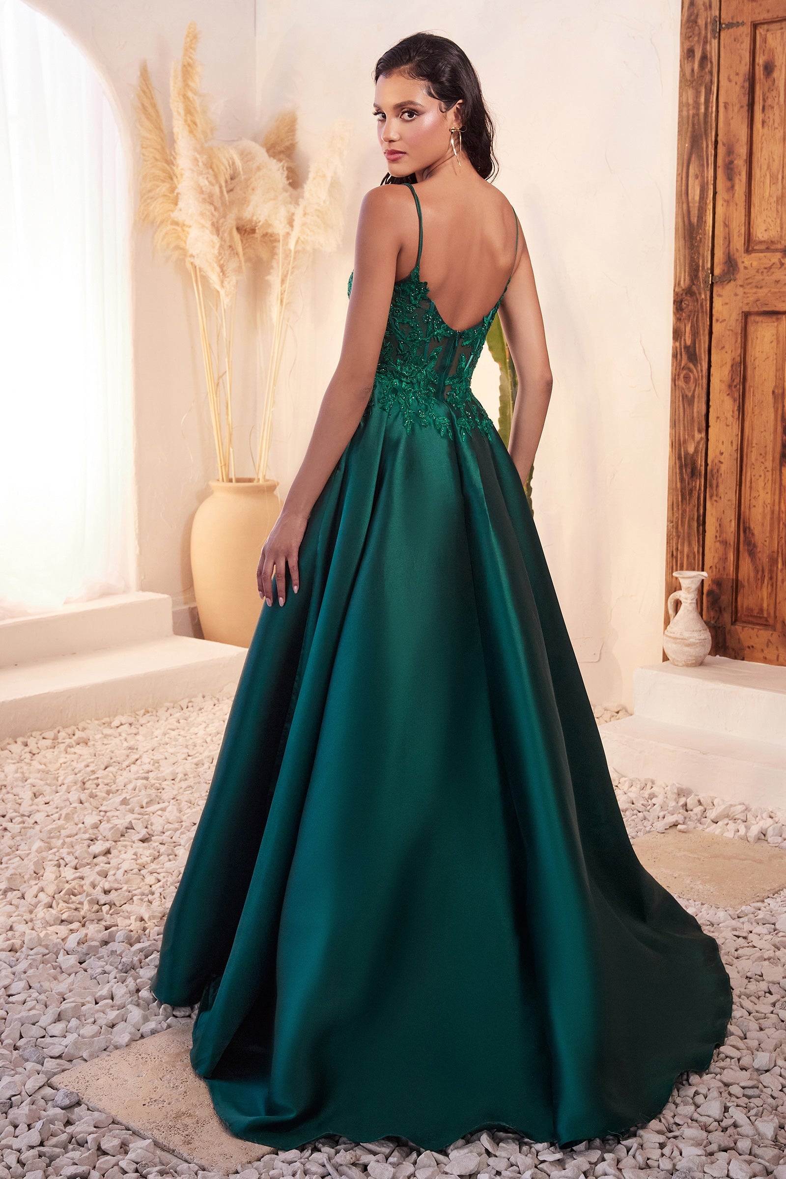PURDIE emerald satin lace bodice A-line ball gown prom dress with scoop back, Brisbane to Gold Coast, Australia.