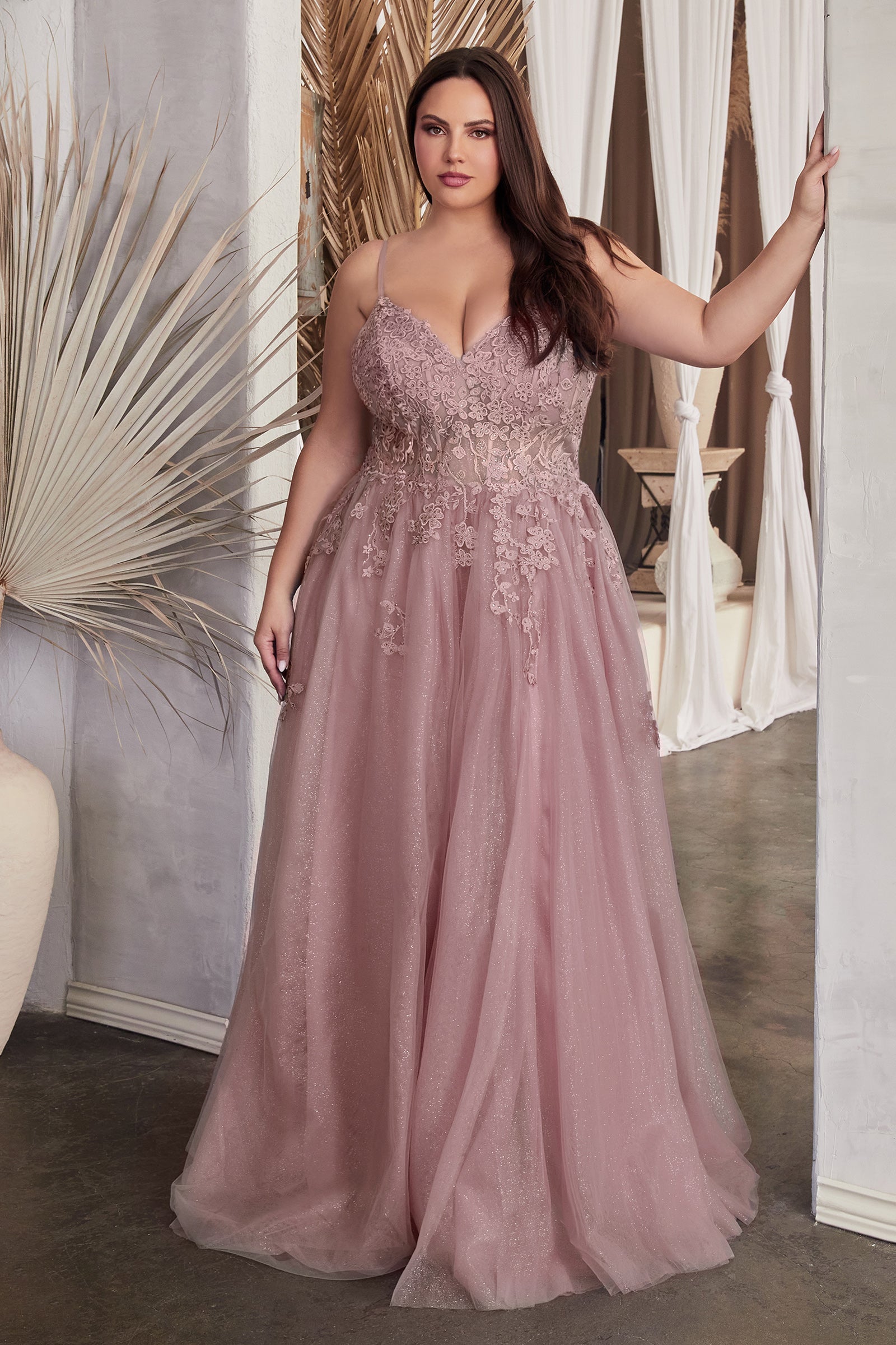 Plus size tulle prom dress with lace applique bodice and V-neckline, worn by a model in an elegant setting.