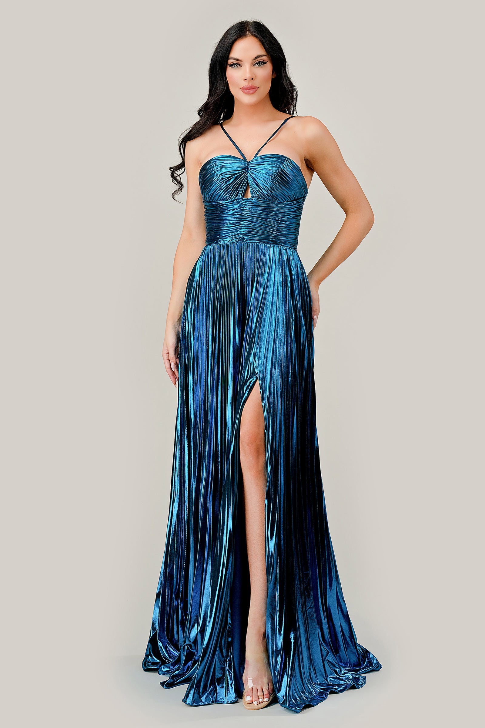 RUE metallic pleated halter neck prom gown with shimmering fabric and thigh-high slit. Perfect for Brisbane to Gold Coast events.