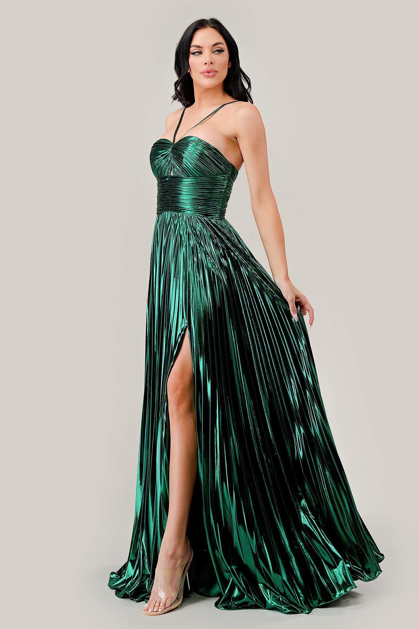 RUE Lame Metallic Shimmer Pleated Halter Neck A-line prom gown with sweetheart neckline, Brisbane to Gold Coast, Australia.