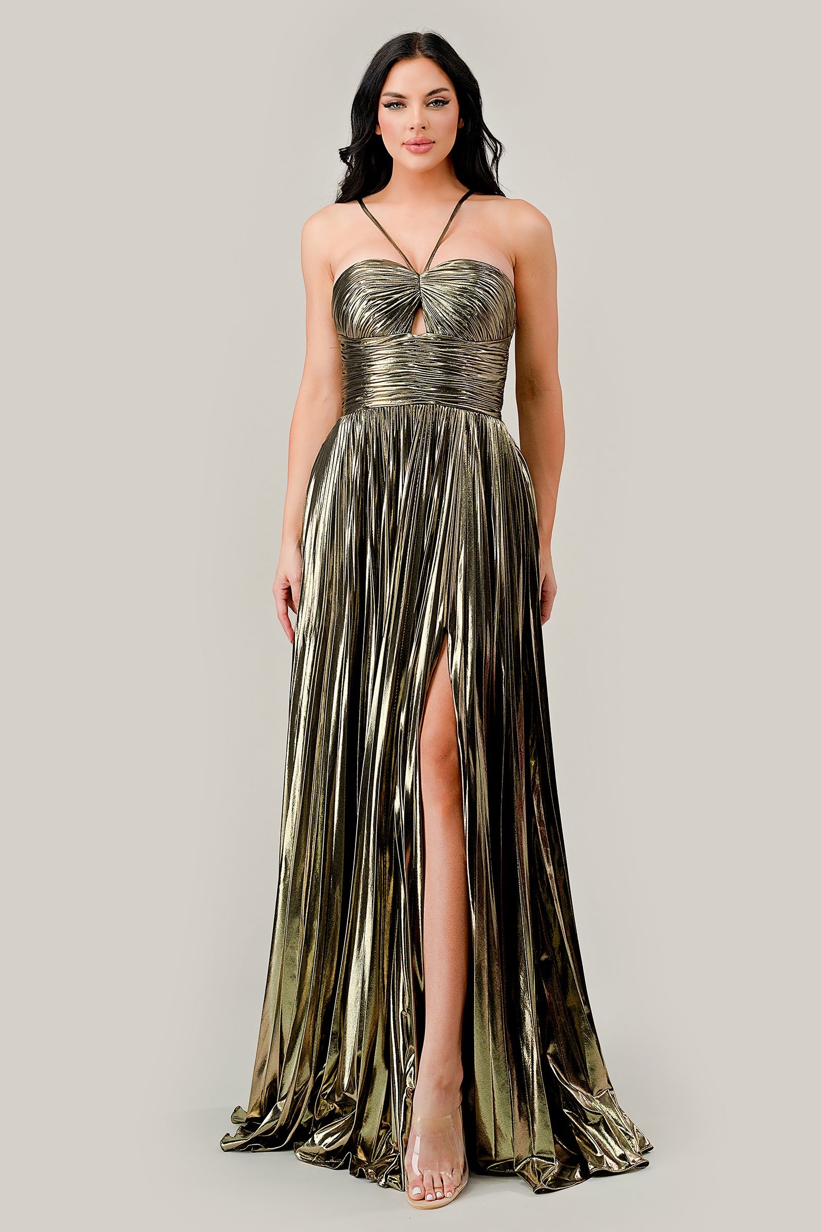 RUE Lame Metallic Shimmer Pleated A-line Evening Gown with Halter Neck Brisbane to Gold Coast