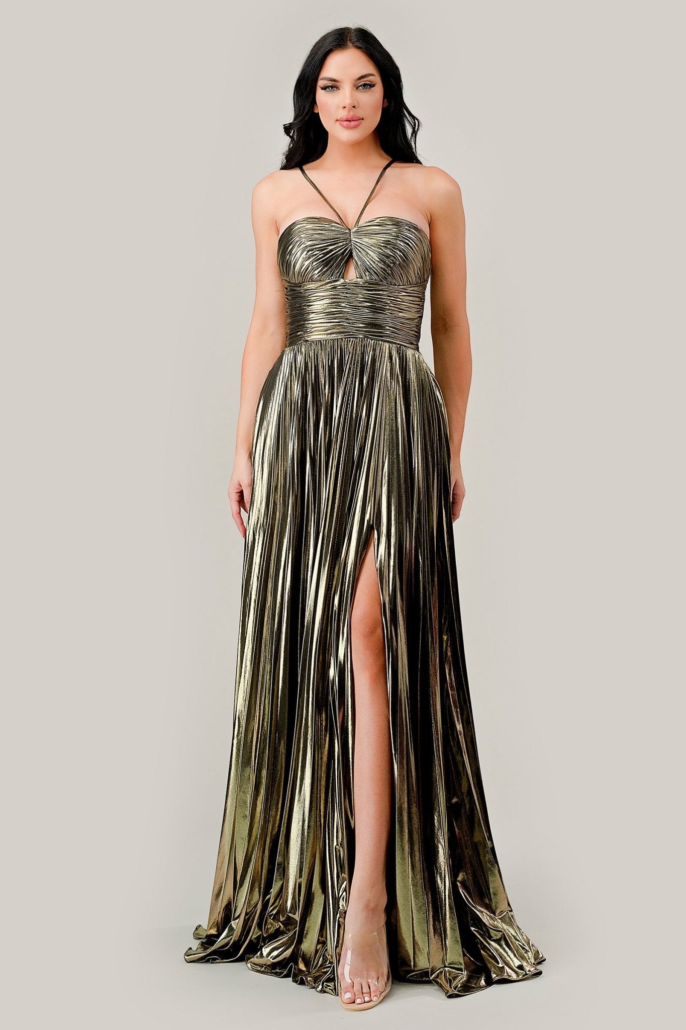 RUE Lame Metallic Shimmer Pleated Halter Neck A Line Prom & Formal Dress in Australia | One Honey Boutique