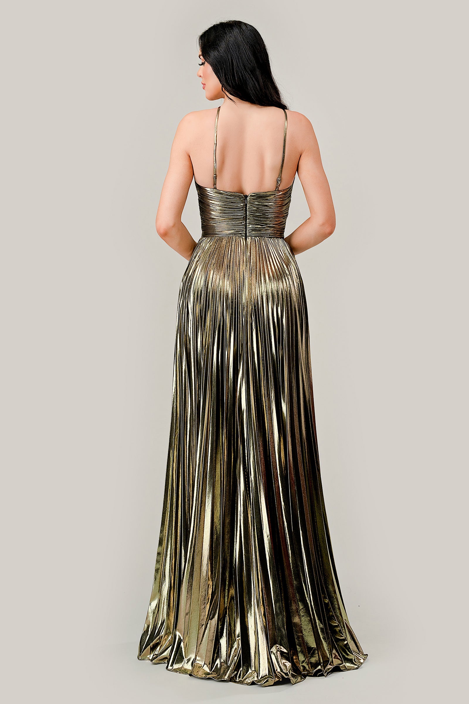RUE Lame Halter Neck pleated A-line prom dress with metallic shimmer, Brisbane to Gold Coast, Australia.