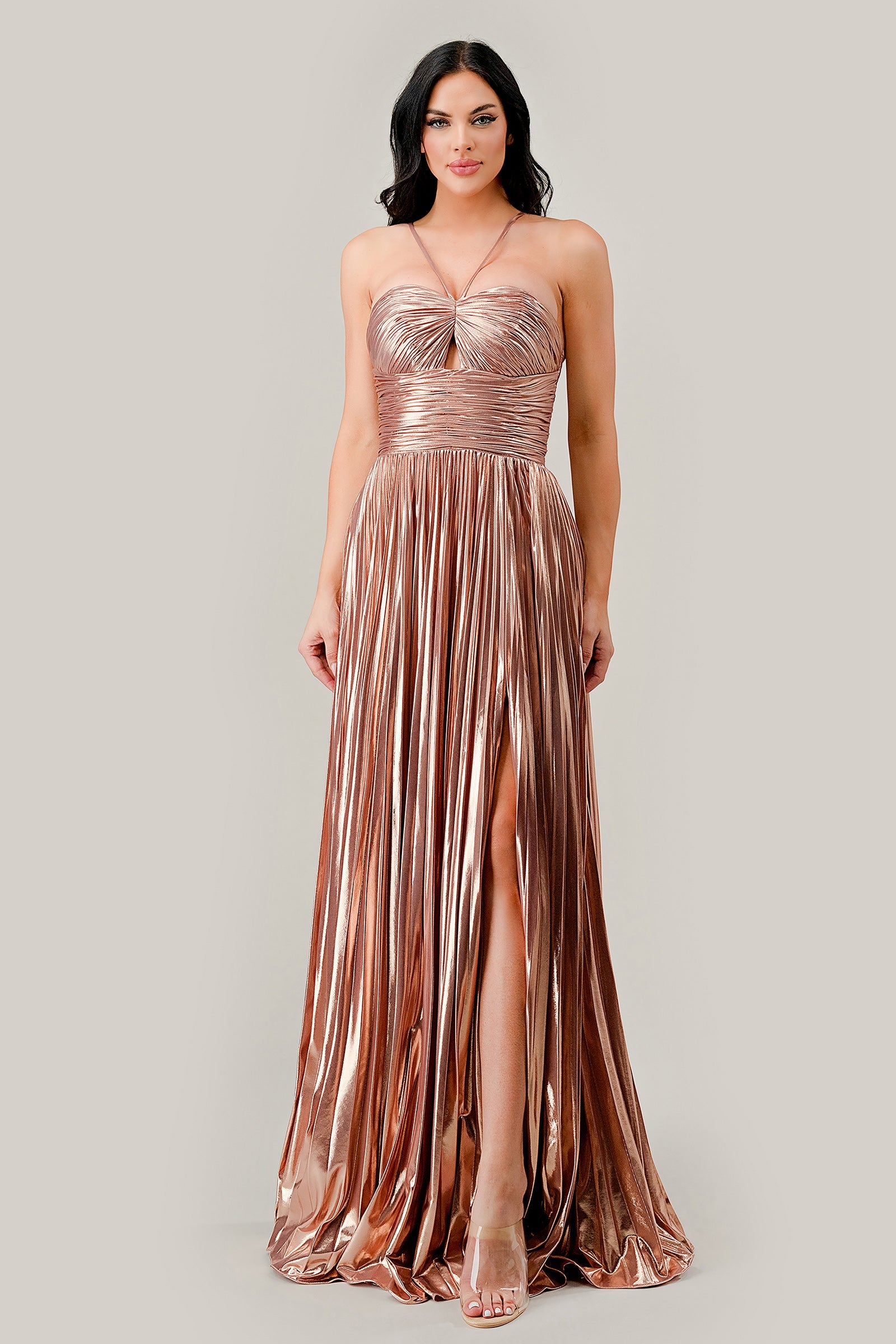 RUE Metallic pleated halter neck A-line prom gown with sweetheart neckline, perfect for formal events. Brisbane to Gold Coast, Australia.
