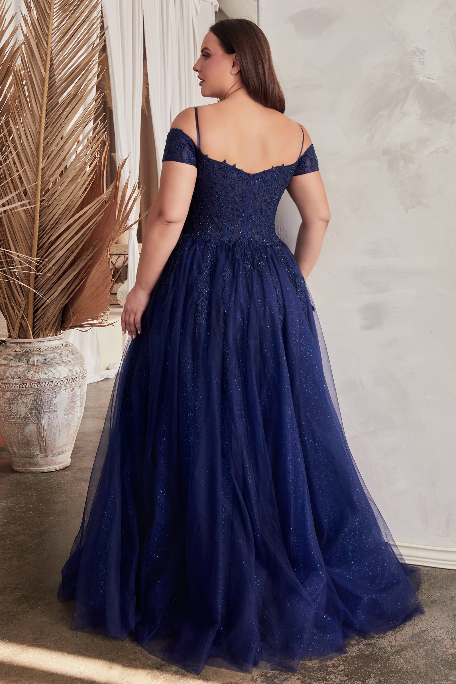 Back view of plus size layered tulle and lace prom dress with A-line silhouette and off-the-shoulder neckline in rich blue.
