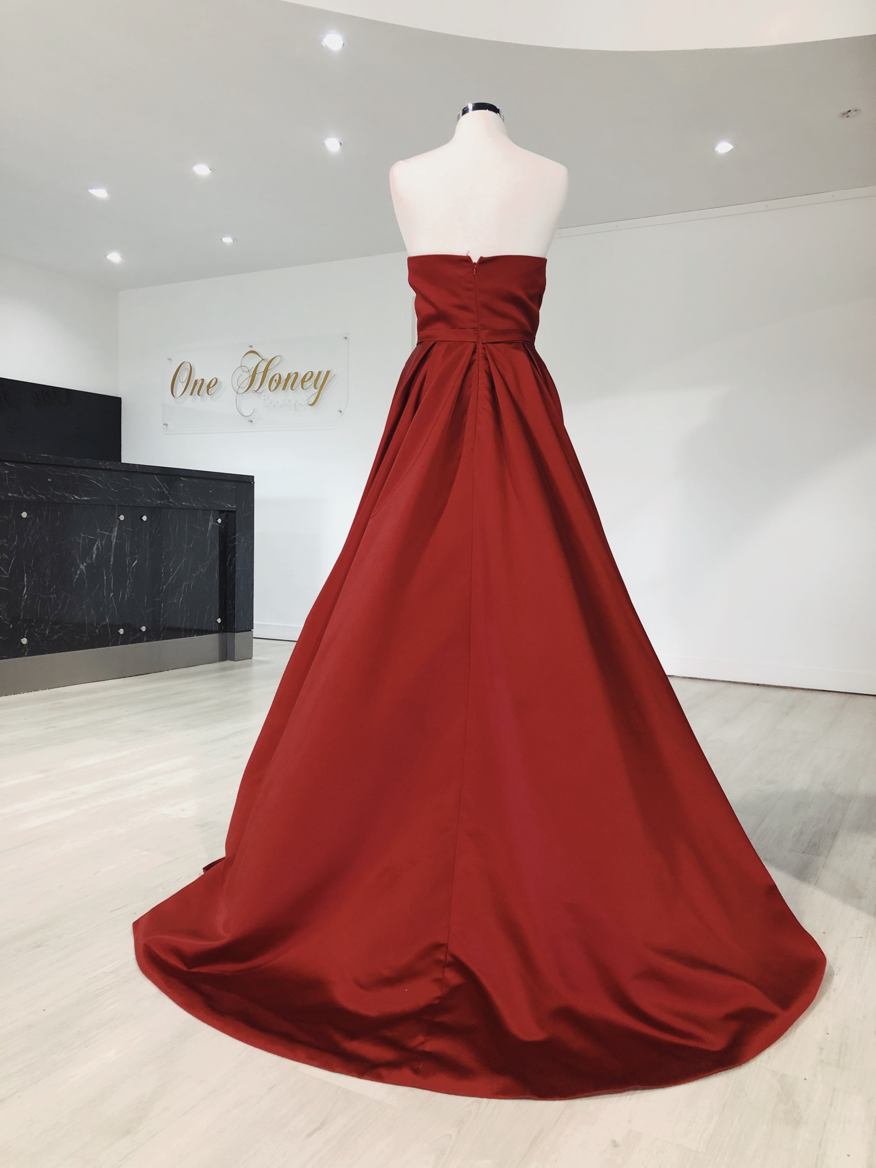 Back view of red Honey Couture VICTORIA strapless A-Line ballgown with full train, perfect for formal events, by Australian Designer.