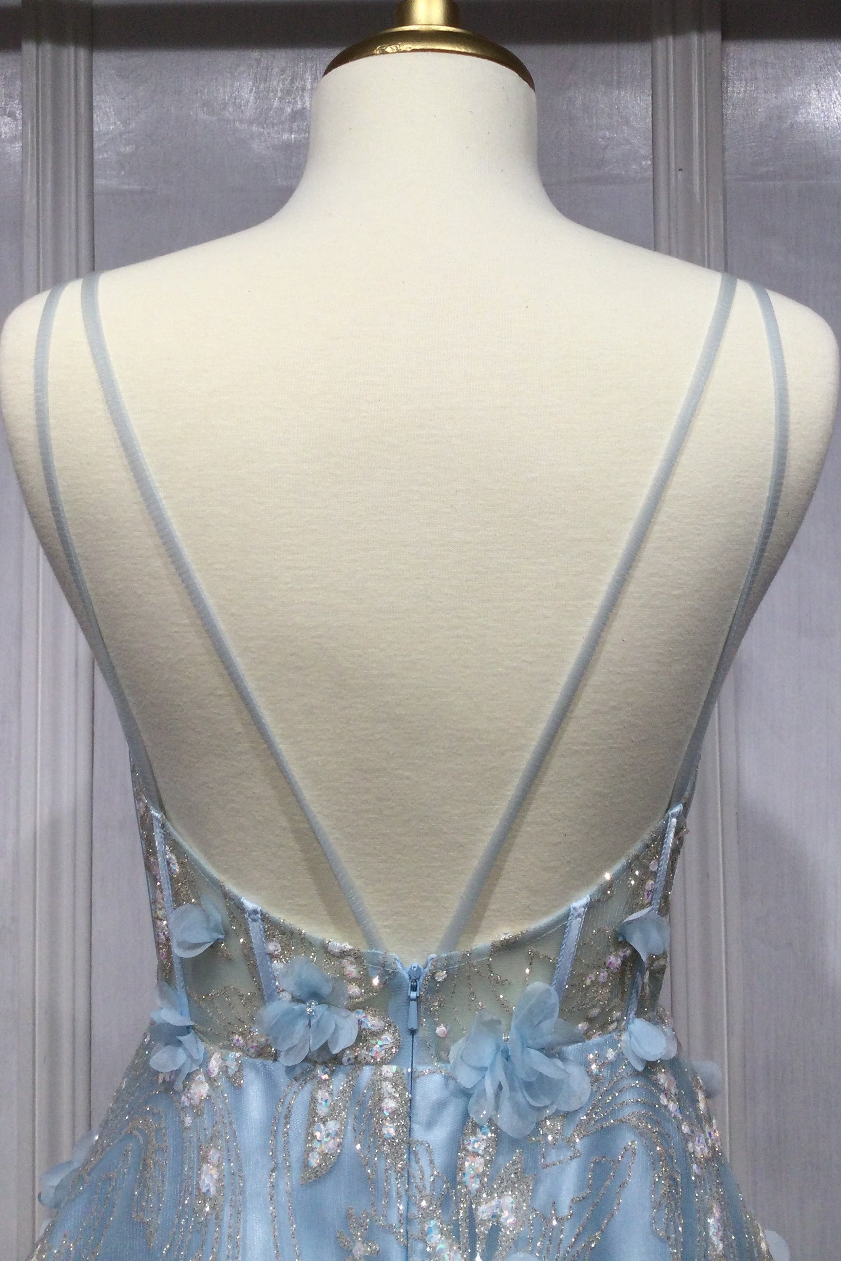 WINONA baby blue ball gown with floral applique and sheer corset. Perfect prom dress from Brisbane to Gold Coast, Australia.