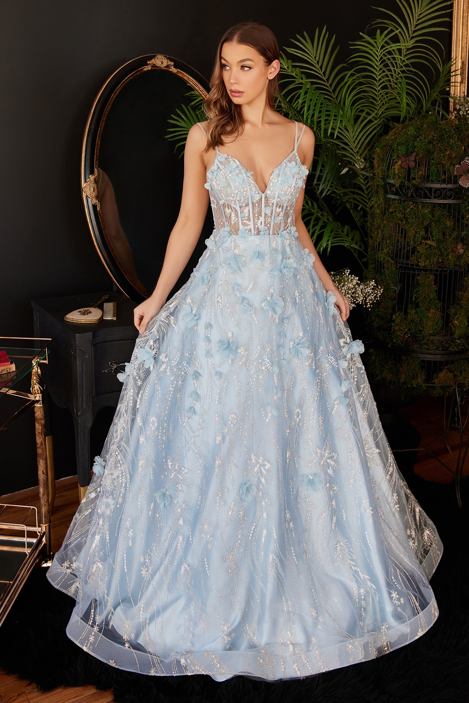 WINONA Baby Blue floral applique prom gown with sheer corset bodice. Captivating style from Brisbane to Gold Coast, Australia.