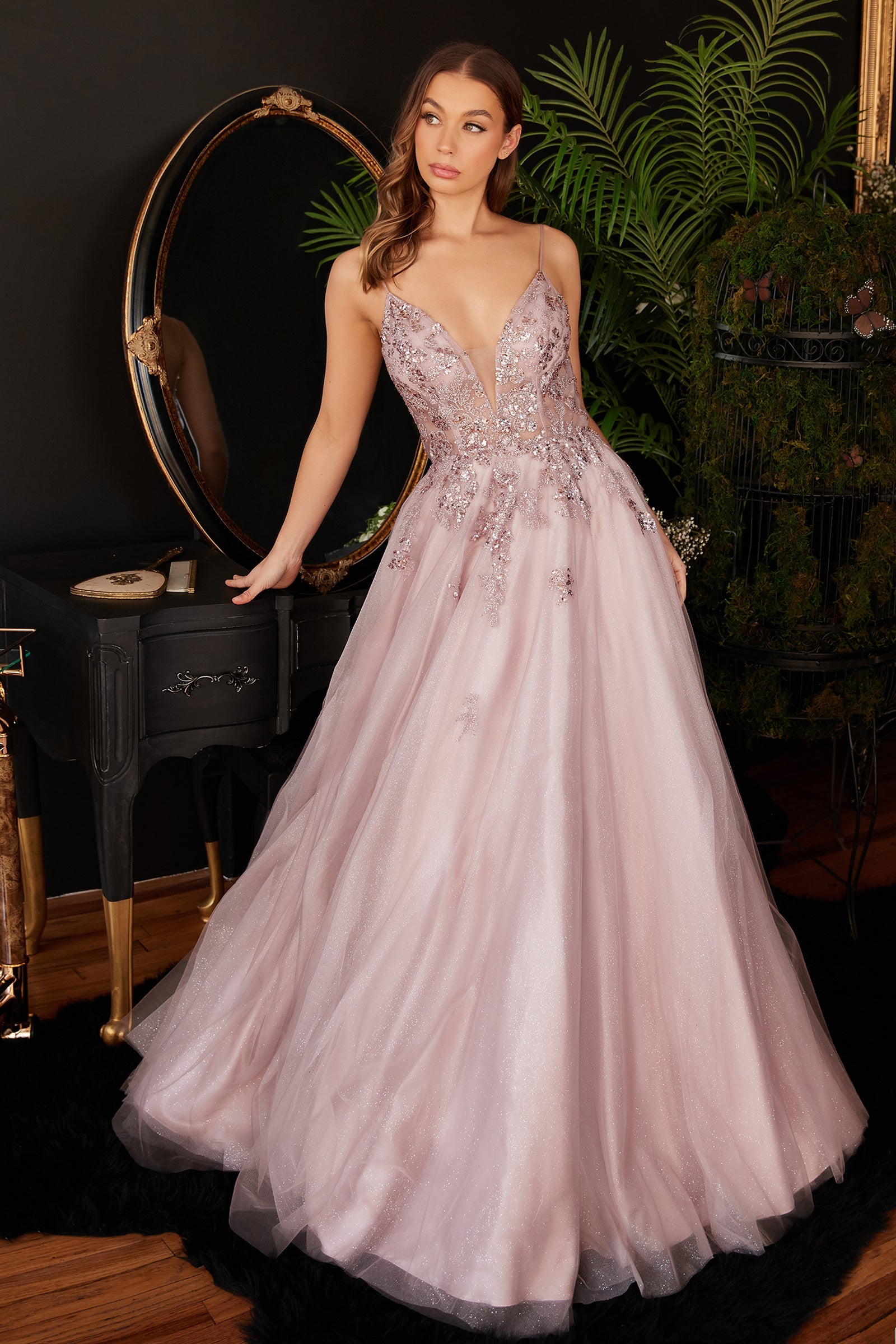 ELLAN prom gown with dusty rose lace bodice and plunging neckline, perfect for formal events. Brisbane to Gold Coast, Australia.