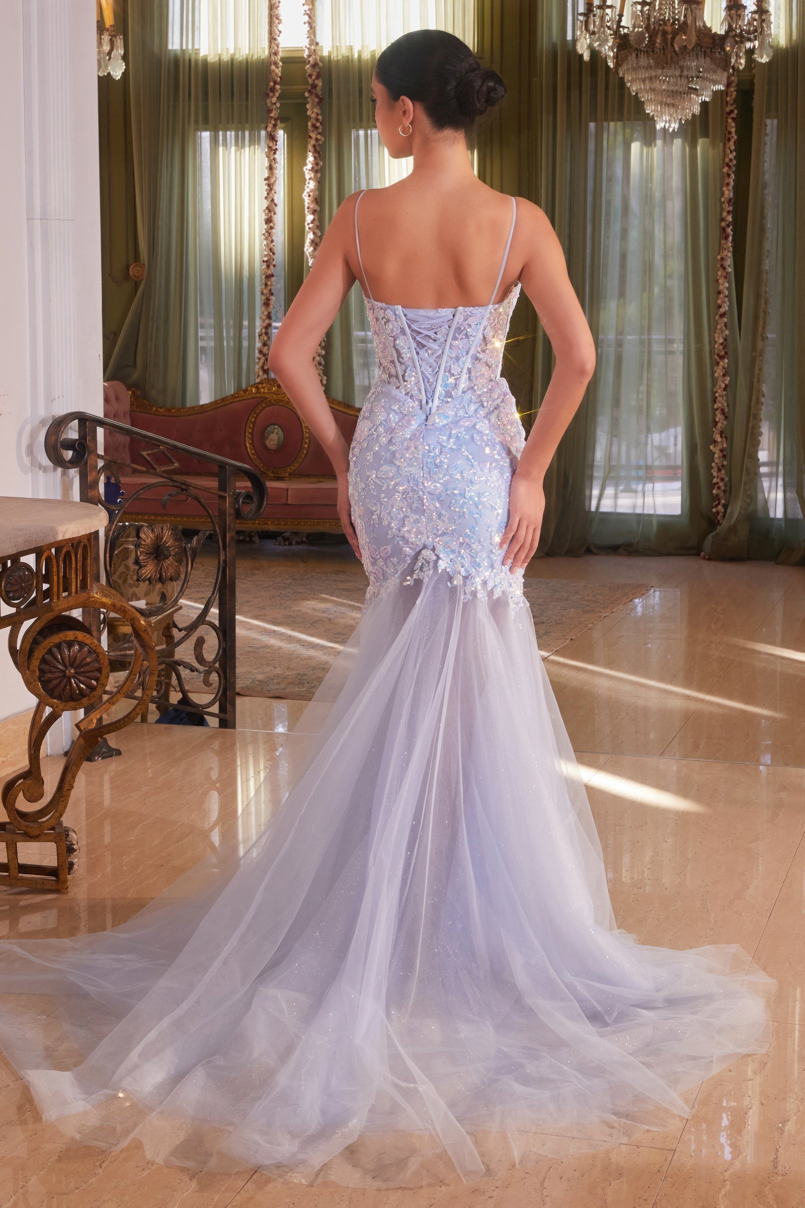 LUANNE Baby Blue Sheer Mermaid Tulle Corset Bodice Prom Dress, shimmering details, Brisbane to Gold Coast