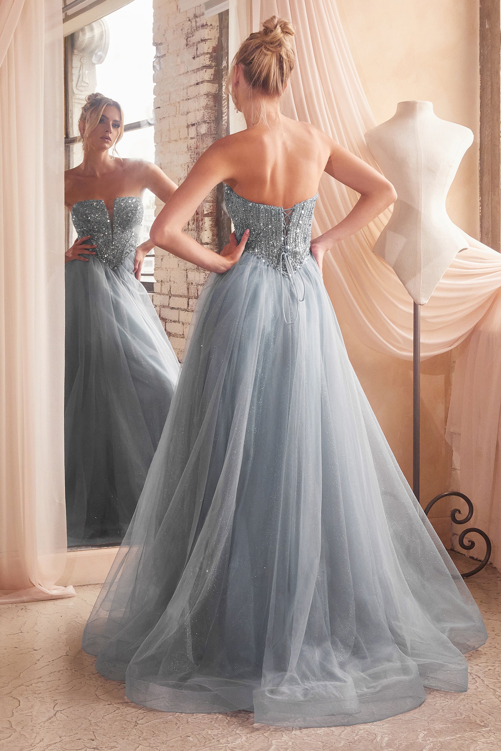 LEIA Dress with sequin bodice and tulle A-line skirt, perfect strapless prom gown, Brisbane to Gold Coast.