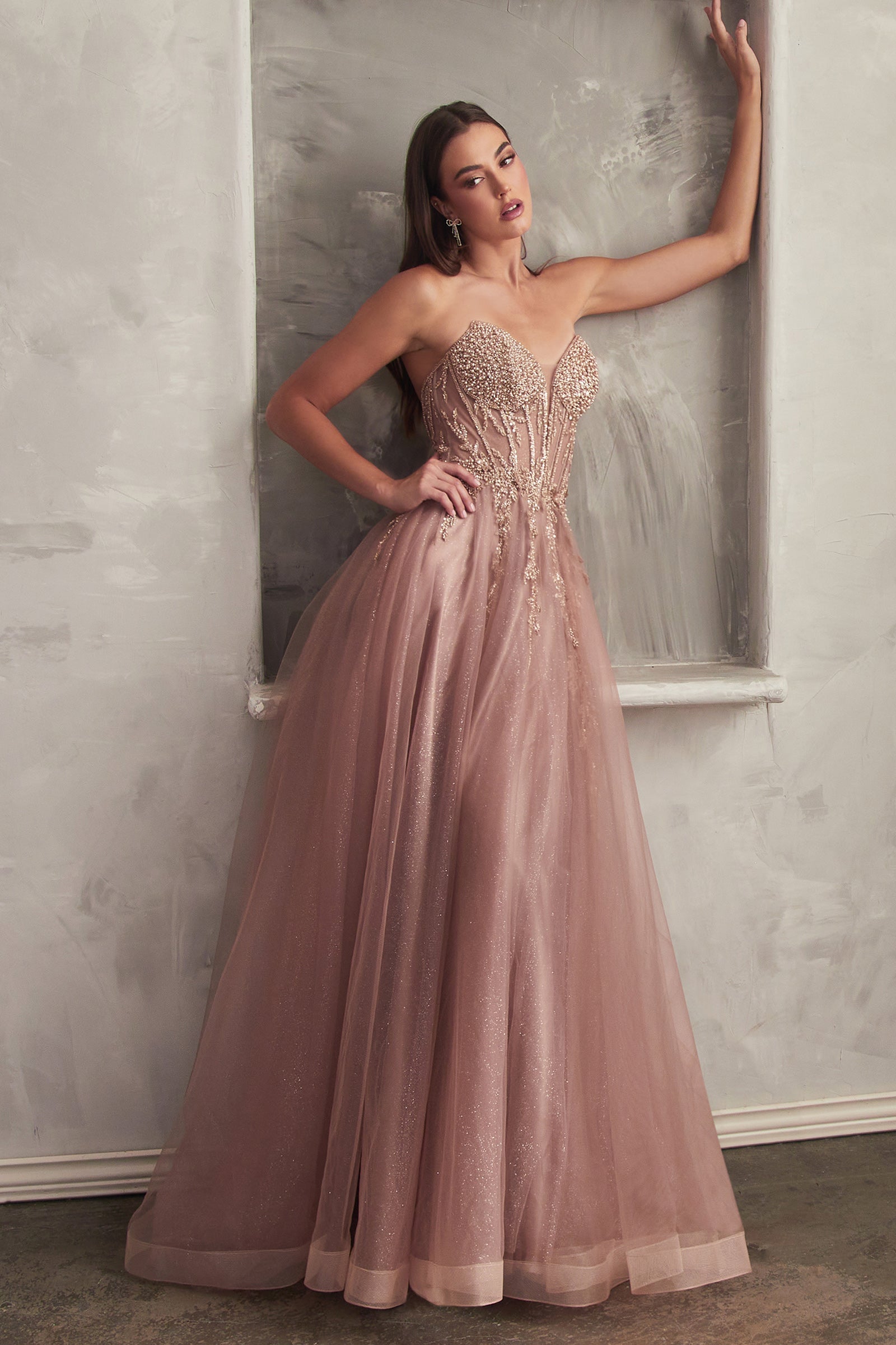 YZMA Strapless Beaded Bustier Tulle A-Line Formal Dress