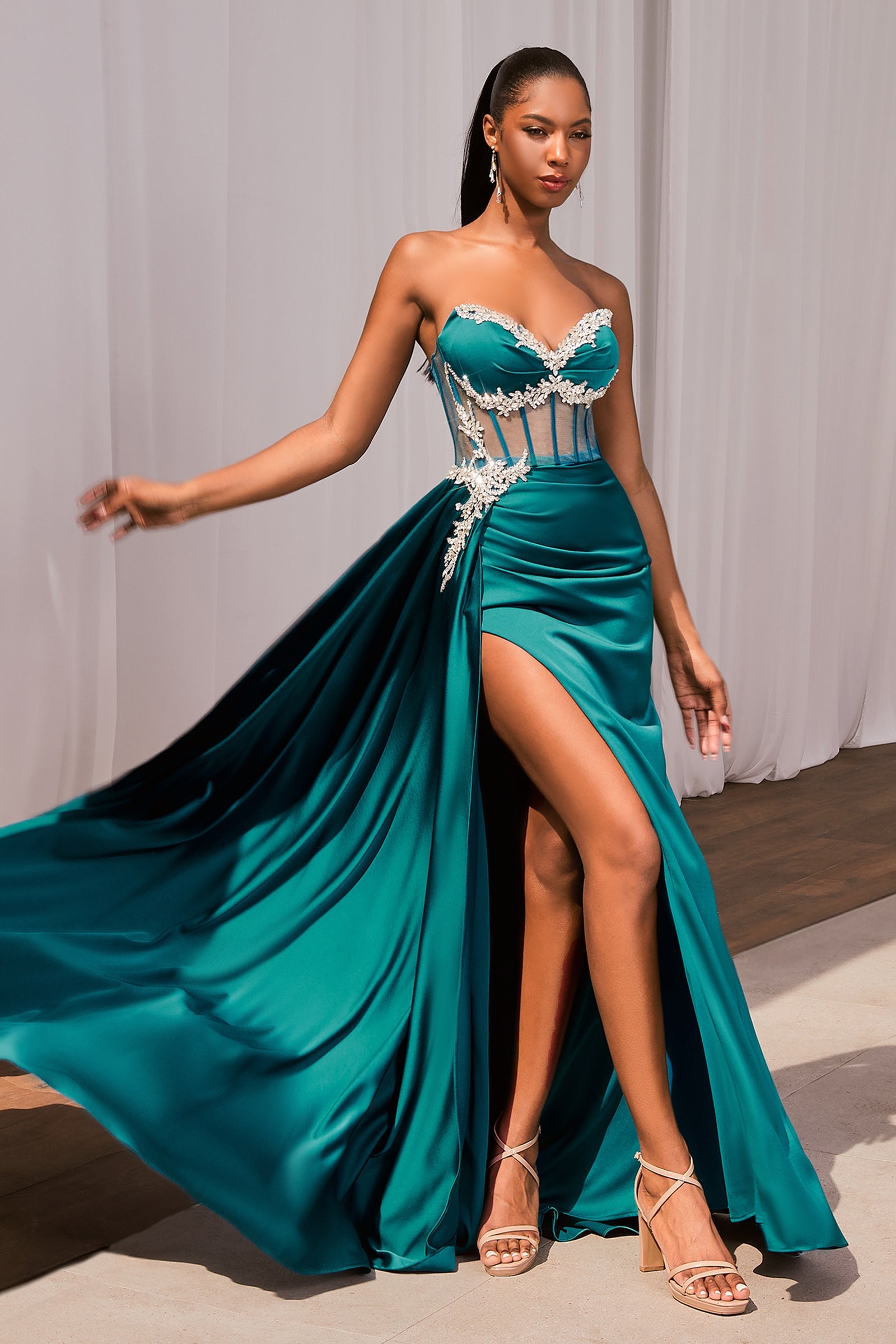 EZRA Rhinestone Corset Bustier Mermaid Prom Dress with sheer boned bodice and thigh-high slit. Brisbane to Gold Coast.