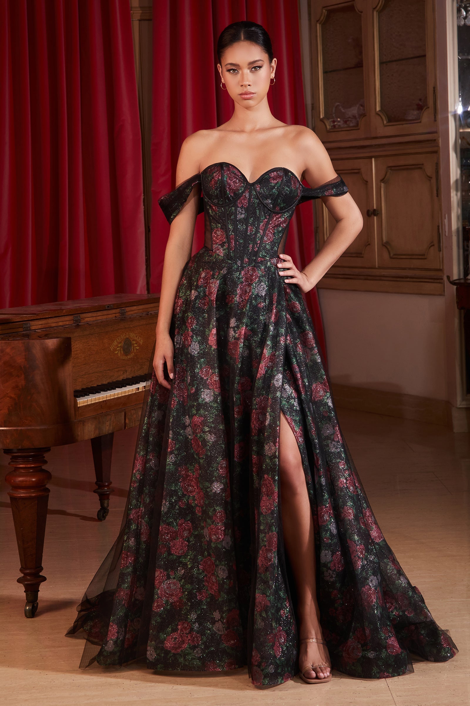 ROSALIND off-shoulder bustier prom gown with rose floral motif and black tulle overlay, Brisbane to Gold Coast, Australia.