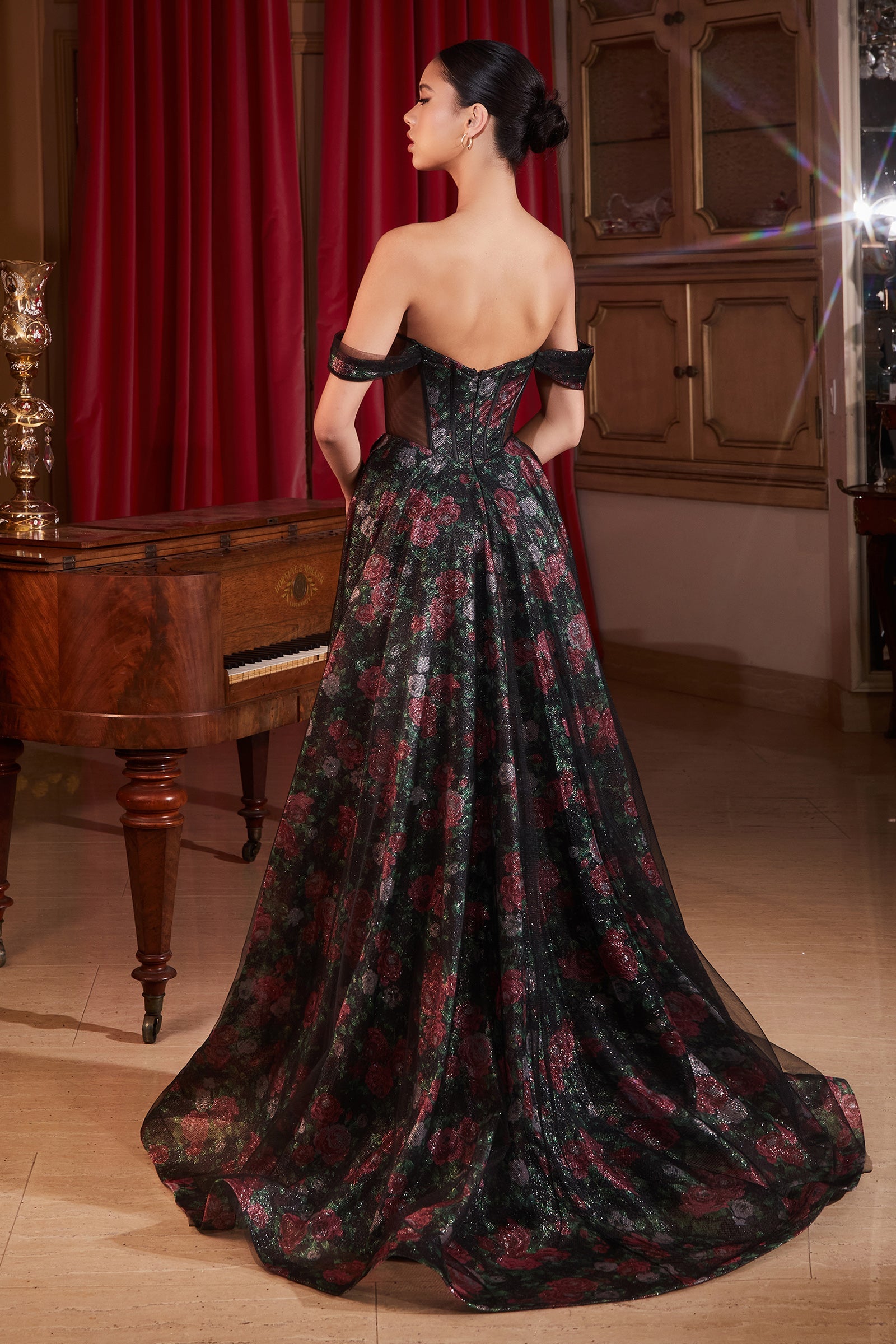 ROSALIND off-shoulder rose motif A-line prom gown in black tulle, Brisbane to Gold Coast.