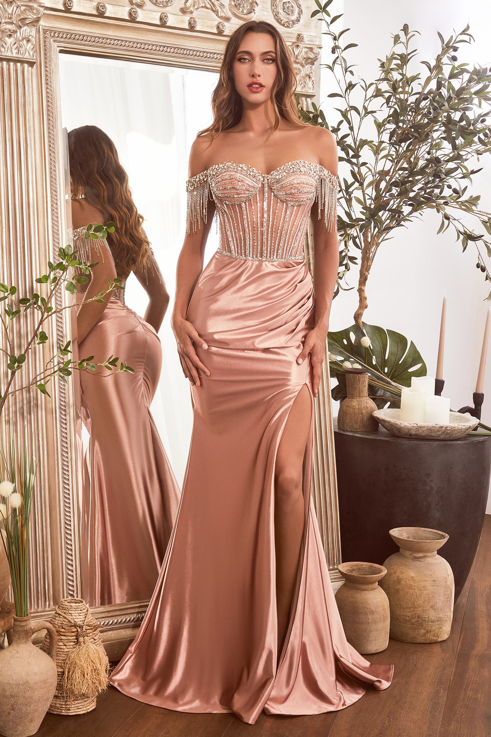 ROZILLA Curve Crystal Fringe Feature Mermaid Prom & Formal Dress in Color: Rose Gold | One Honey Australia