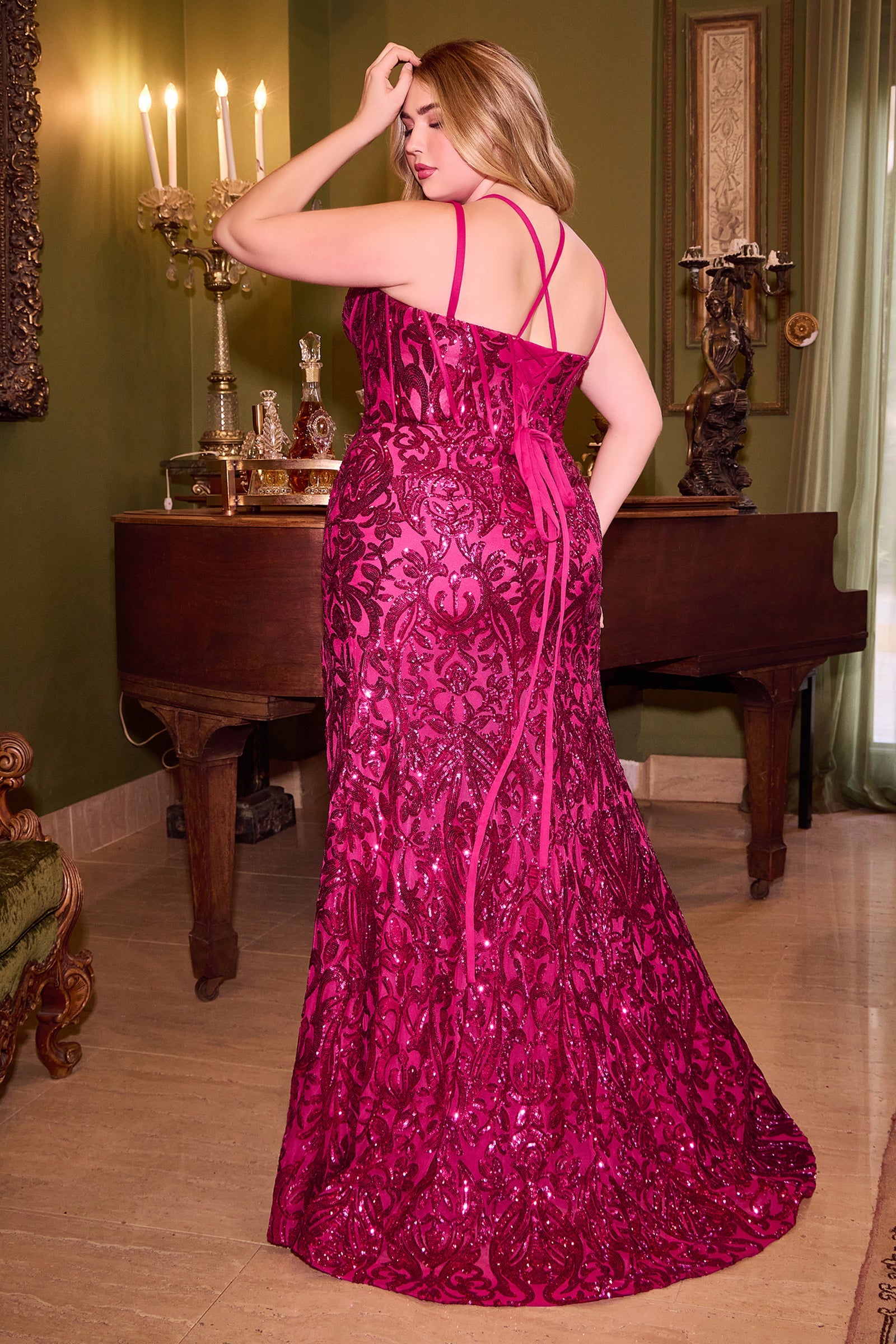 FEMME Curves MILLIE Plus Size V Front Corset Sequin Prom & Formal Dress