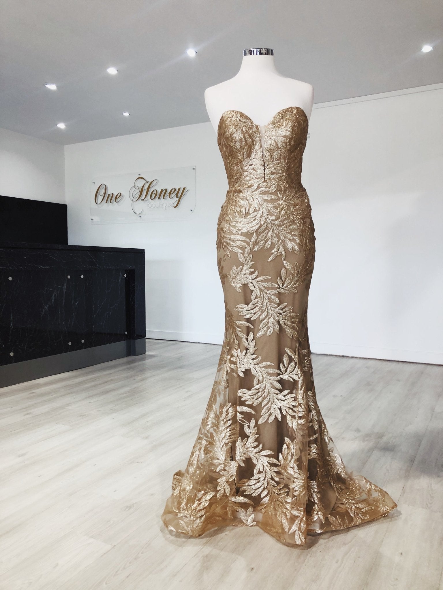 Tina Holly Couture TA107 Gold Sequin & Mesh Strapless Mermaid Formal Dress in Australia | One Honey Boutique