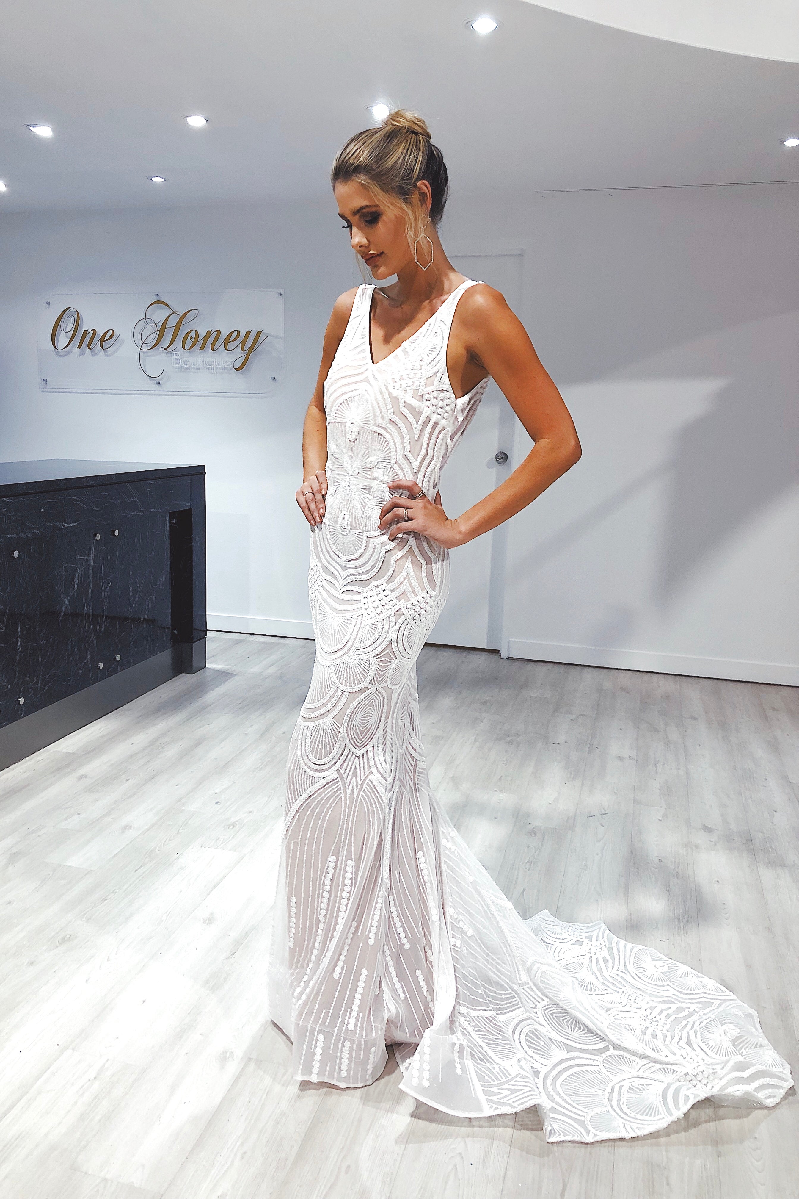 TINA HOLLY COUTURE P1732 Sequin Mermaid Formal Gown with V Front. Elegant white and nude fishtail style. Brisbane to Gold Coast, Australia.
