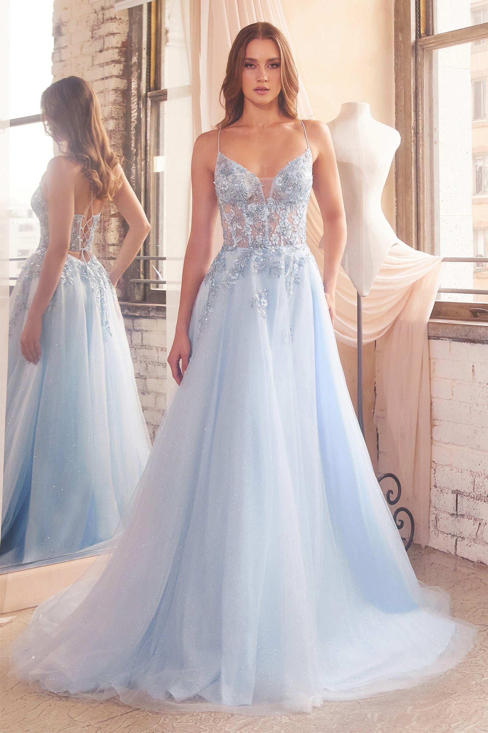 STARI baby blue corset A-line ball gown with bead-appliqued bodice, perfect for a formal event, Brisbane to Gold Coast.