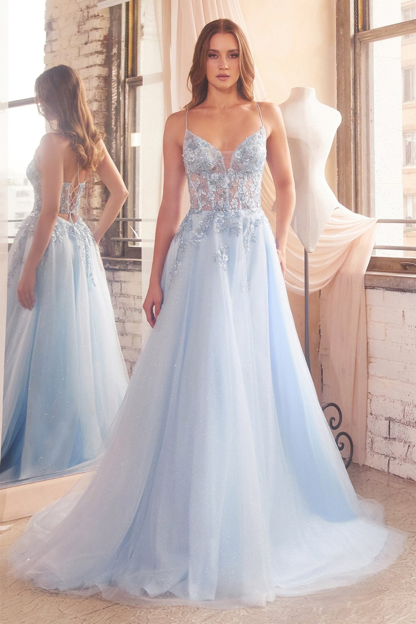 STARI Baby Blue Corset Back Tulle A Line Ball Gown Formal Dress in Australia | One Honey Boutique