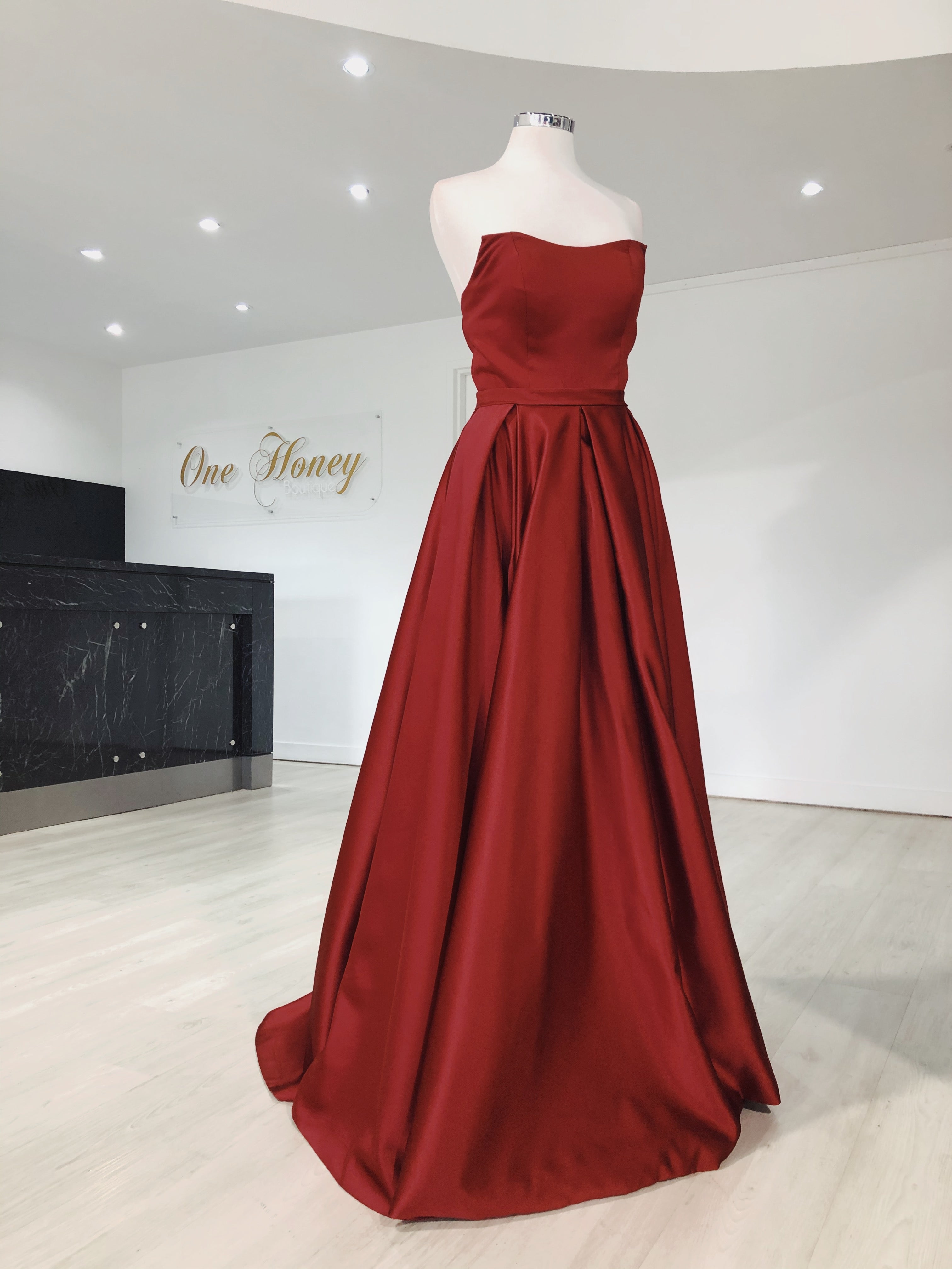 Honey Couture VICTORIA strapless red ballgown, perfect for pageants or formals, designed by an Australian label, featuring a full train and leg split.