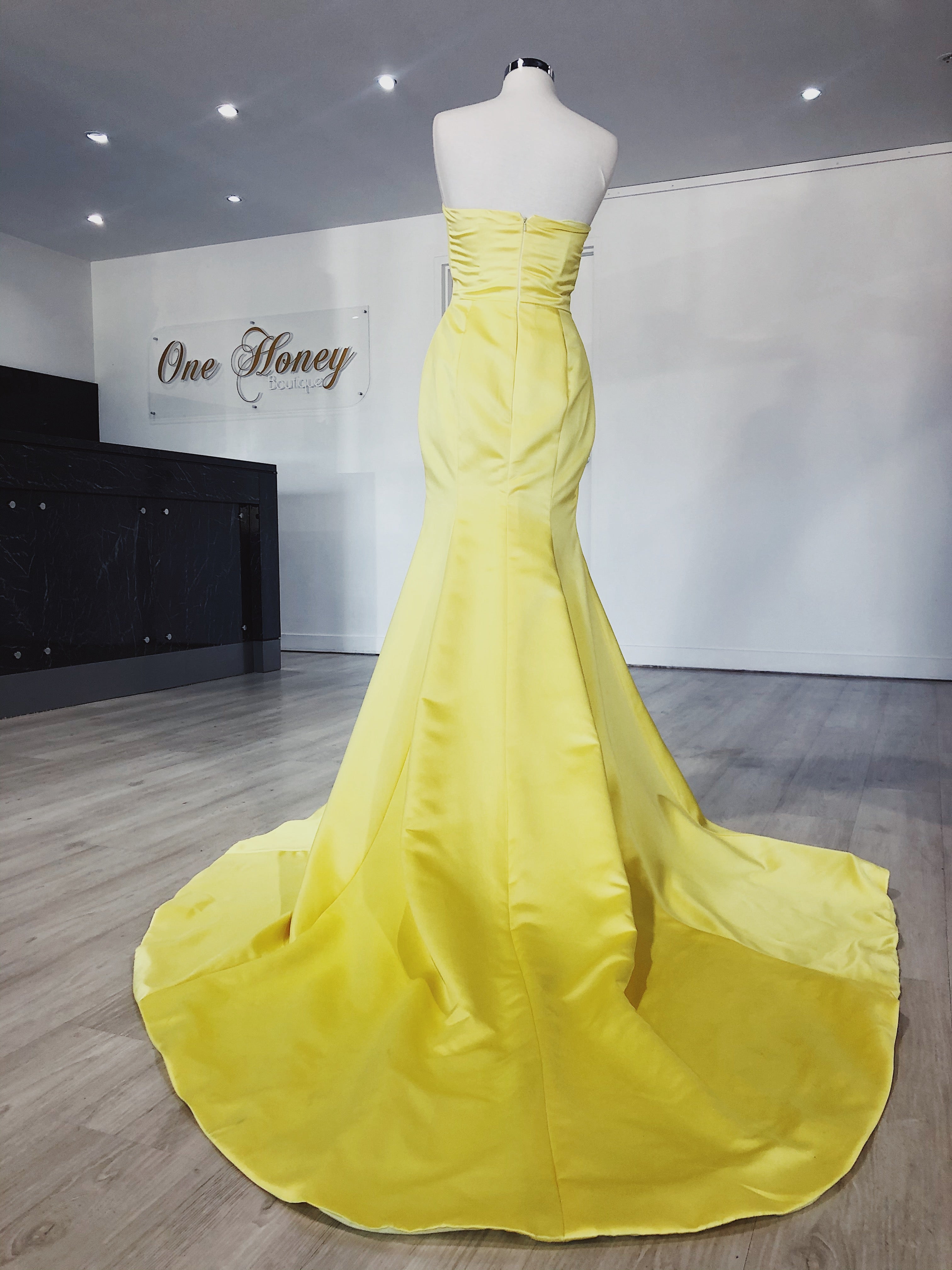 Honey Couture DAISY Strapless Mermaid Train Formal Dress in yellow, back view. Australian Designer, Prom Dresses, Evening Gowns.