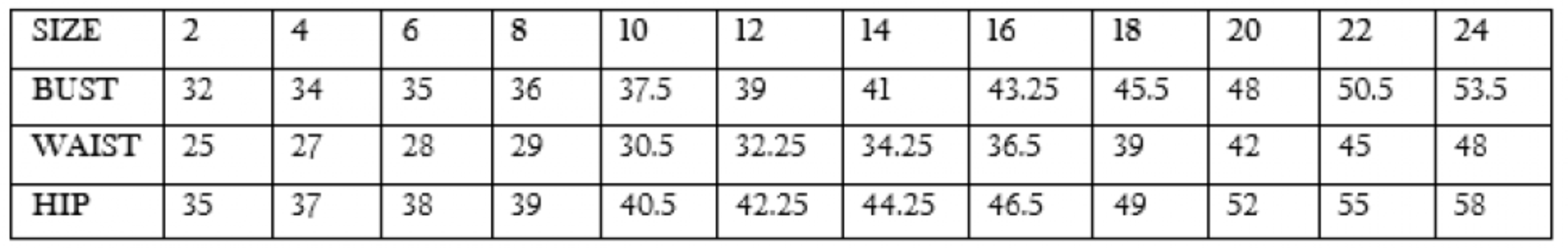 Size chart for women's formal wear with measurements for bust, waist, and hips from size 2 to 24.