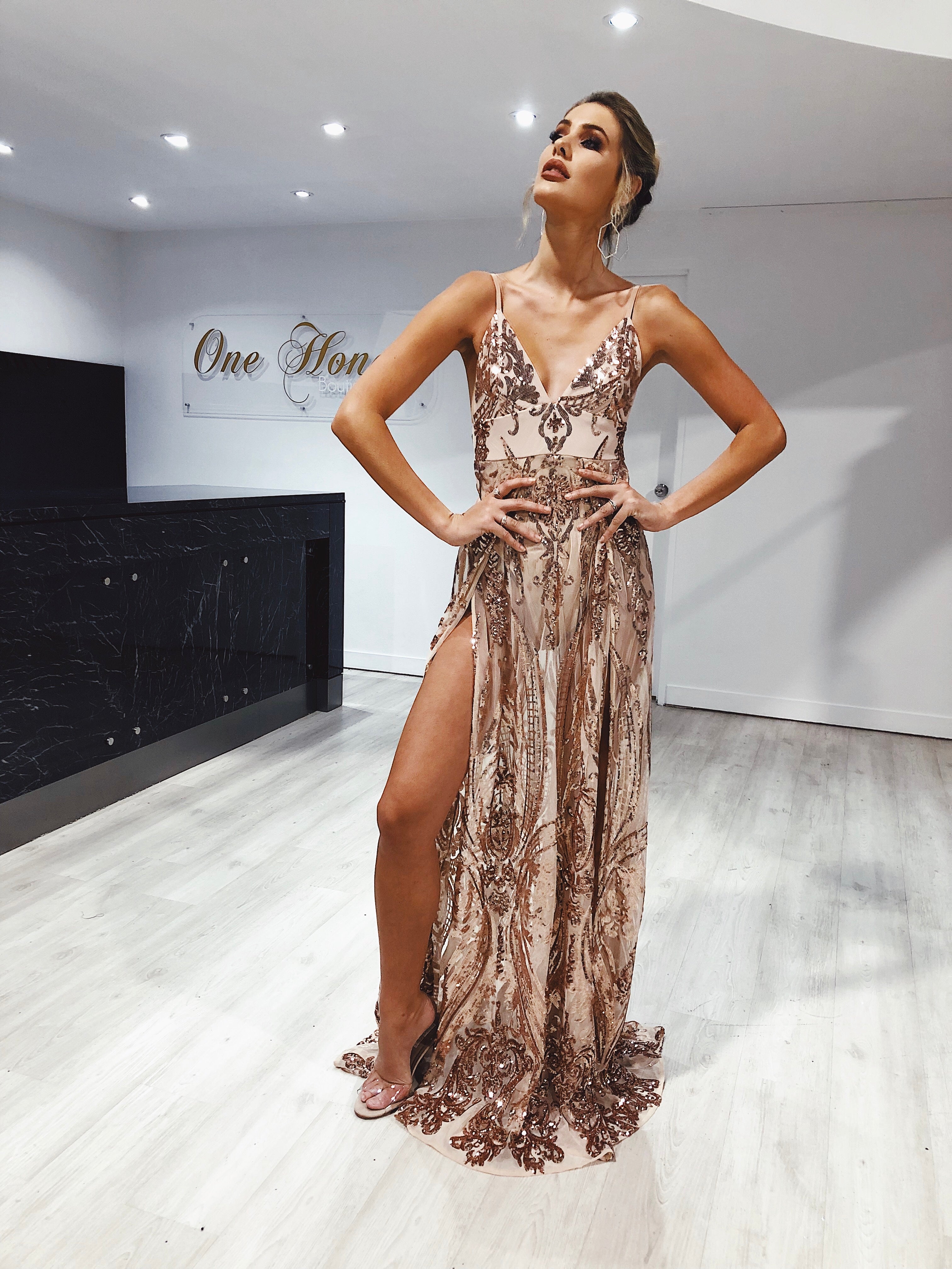 Honey Couture AZALIA Gold Split Front Sequin Formal Dress {vendor} AfterPay Humm ZipPay LayBuy Sezzle
