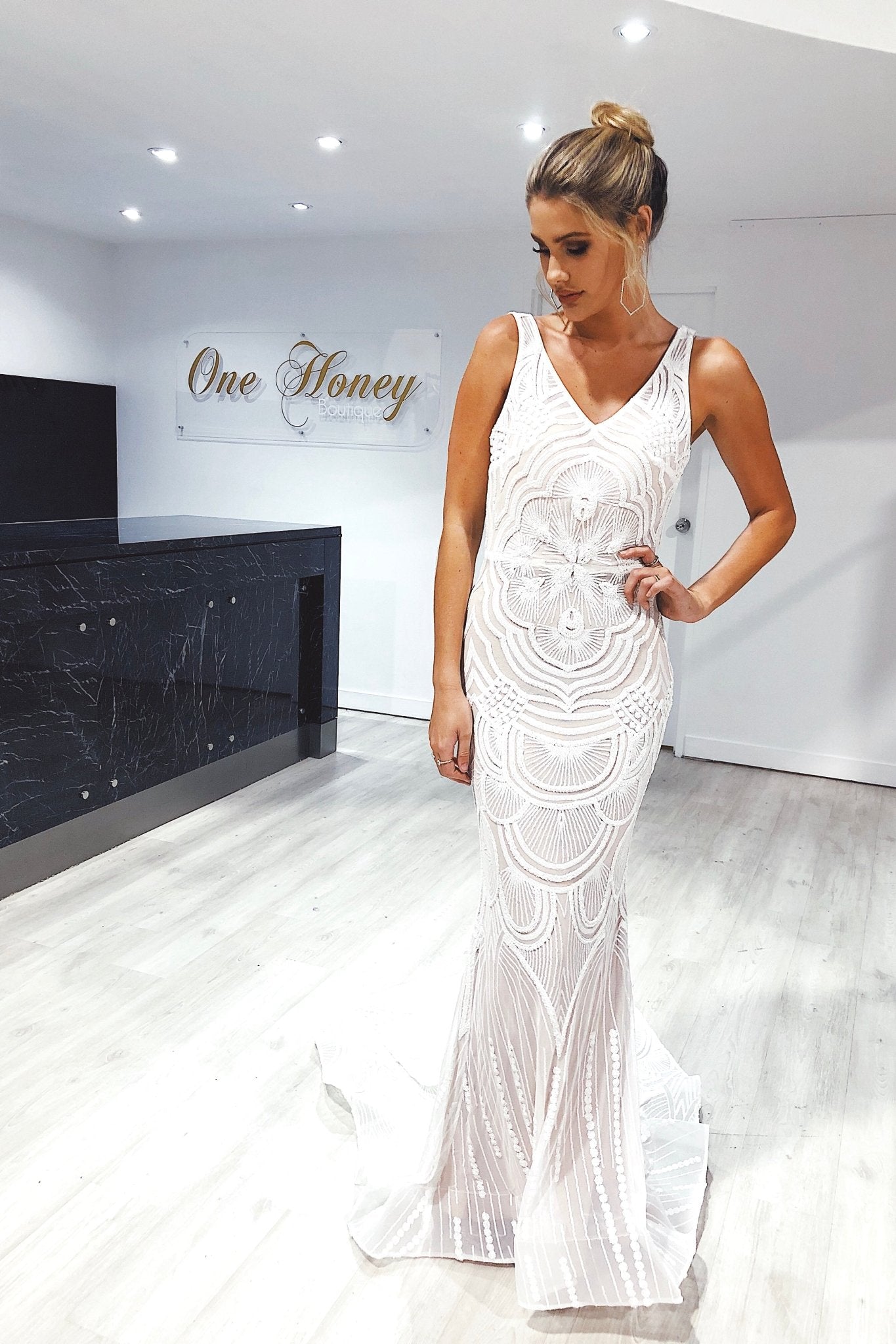 Tina Holly Couture Picasso P1732 White & Nude Sequin Mermaid Formal Gown Dress in Australia | One Honey Boutique