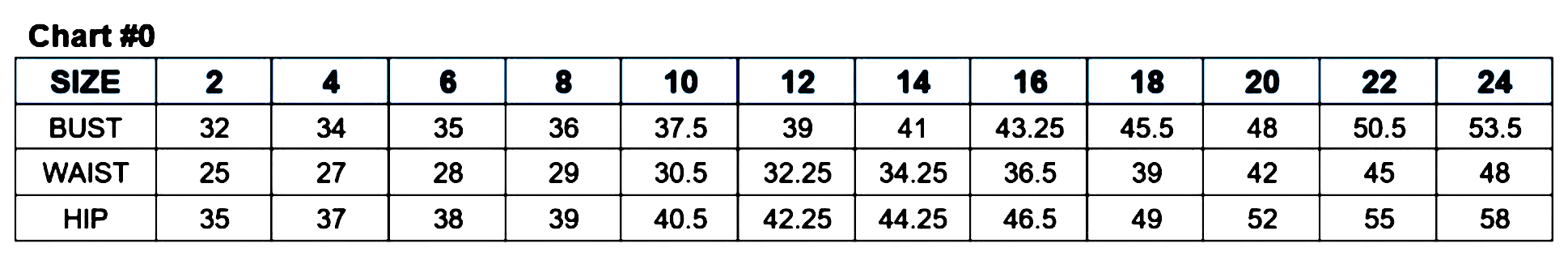 Size chart displaying measurements for bust, waist, and hip across sizes 2 to 24.