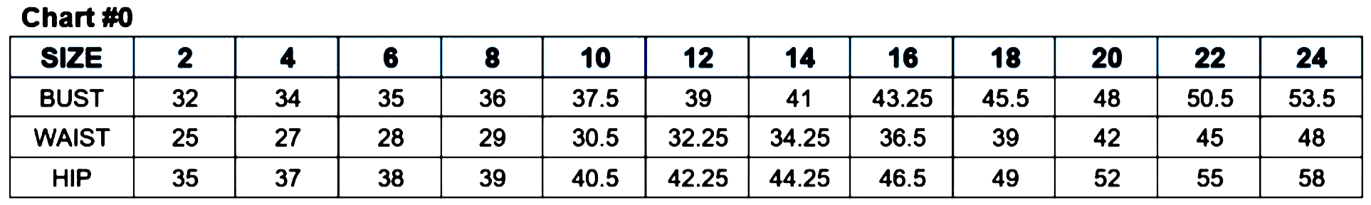 Size chart table for women's clothing, showing measurements for bust, waist, and hip in sizes 2 to 24.