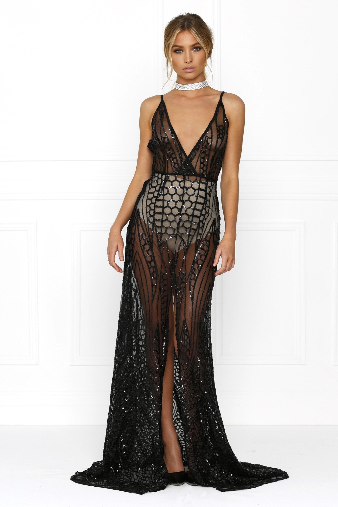 Honey Couture SIENA Black Sheer Sequin w Split Evening Gown Dress Honey Couture$ AfterPay Humm ZipPay LayBuy Sezzle