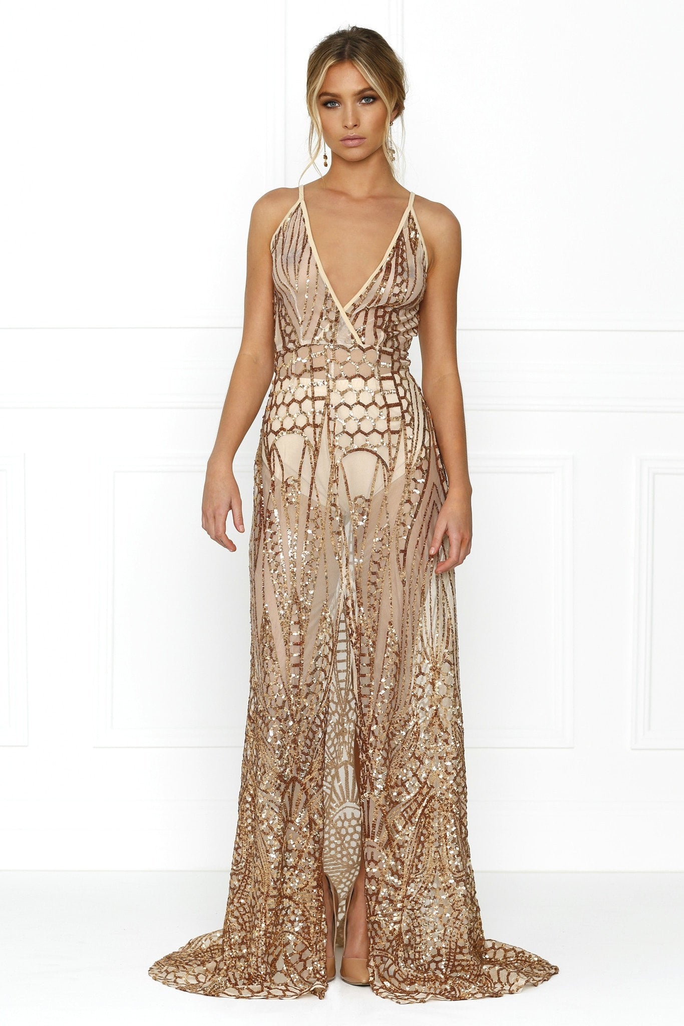 Honey Couture SIENA Rose Gold Sheer Sequin w Split Evening Gown Dress Honey Couture$ AfterPay Humm ZipPay LayBuy Sezzle