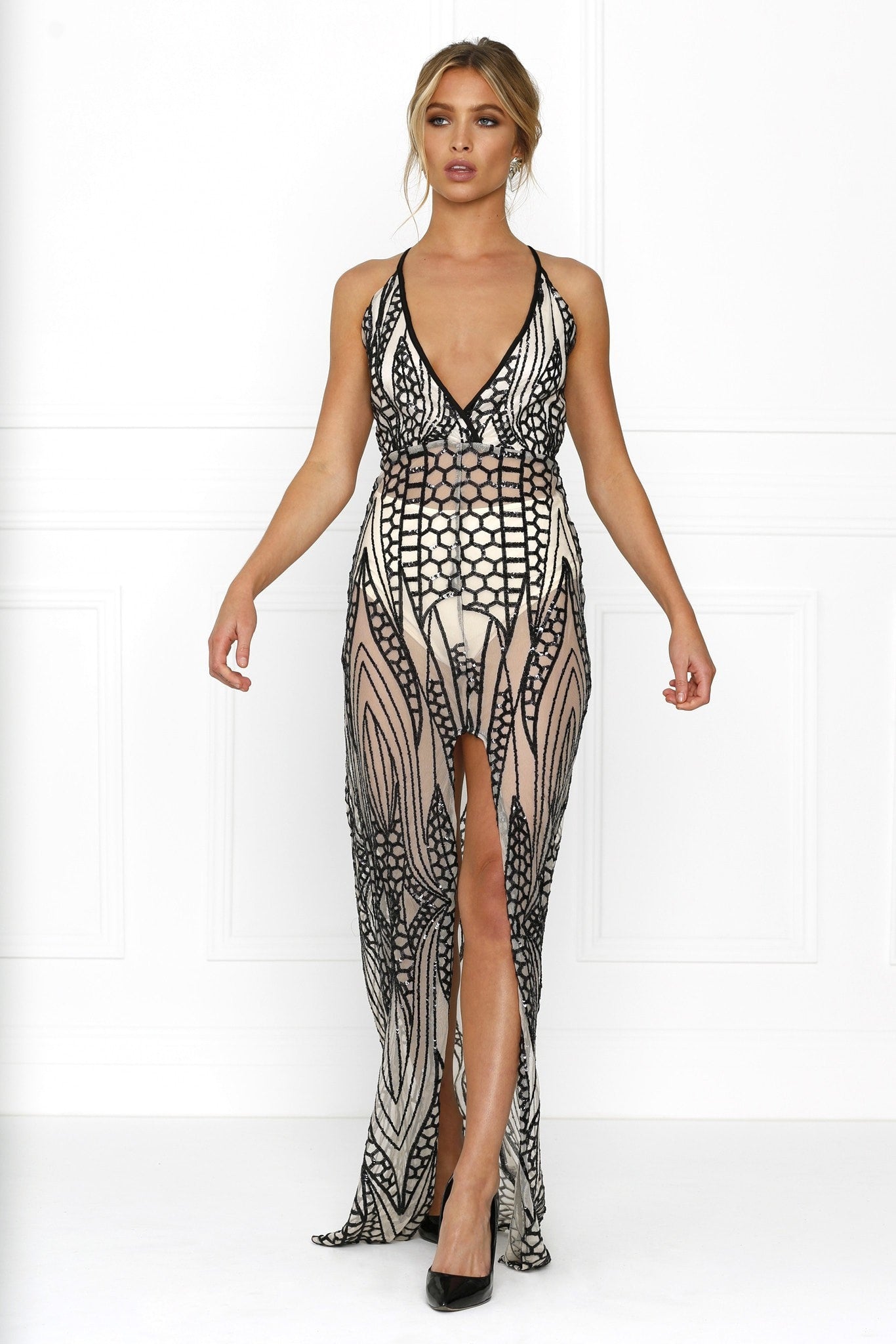 Honey Couture GWEN Nude Black Crystal Sequin Maxi Formal Gown Honey Couture$ AfterPay Humm ZipPay LayBuy Sezzle