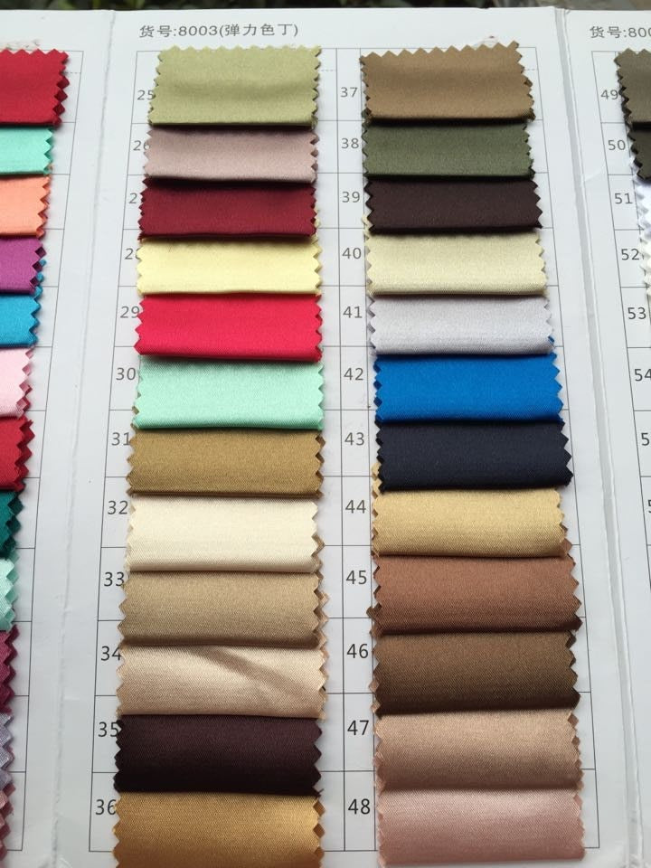 Fabric color swatches for formal dresses, showing a variety of shades to choose from.