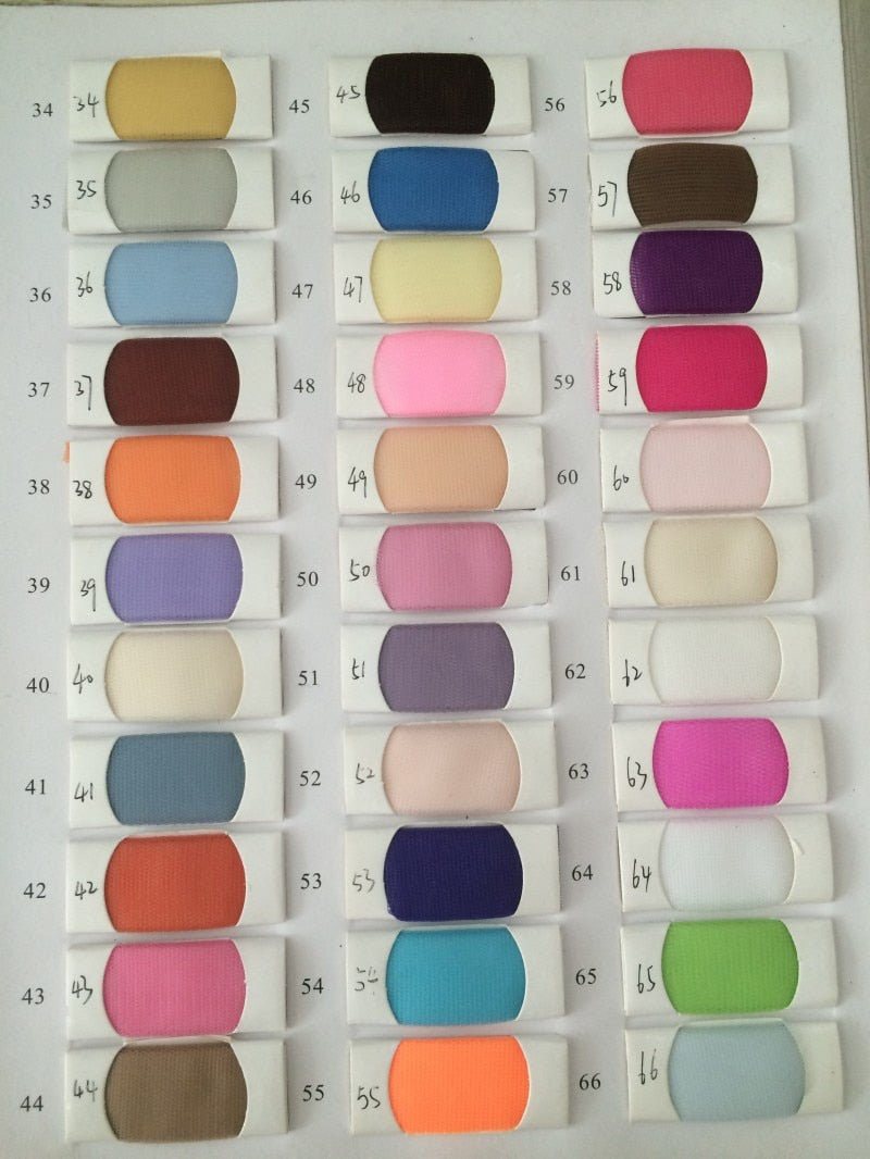 Fabric swatches displaying various colors from earth tones to vibrant pinks and blues, numbered 34 to 66, on a white background.