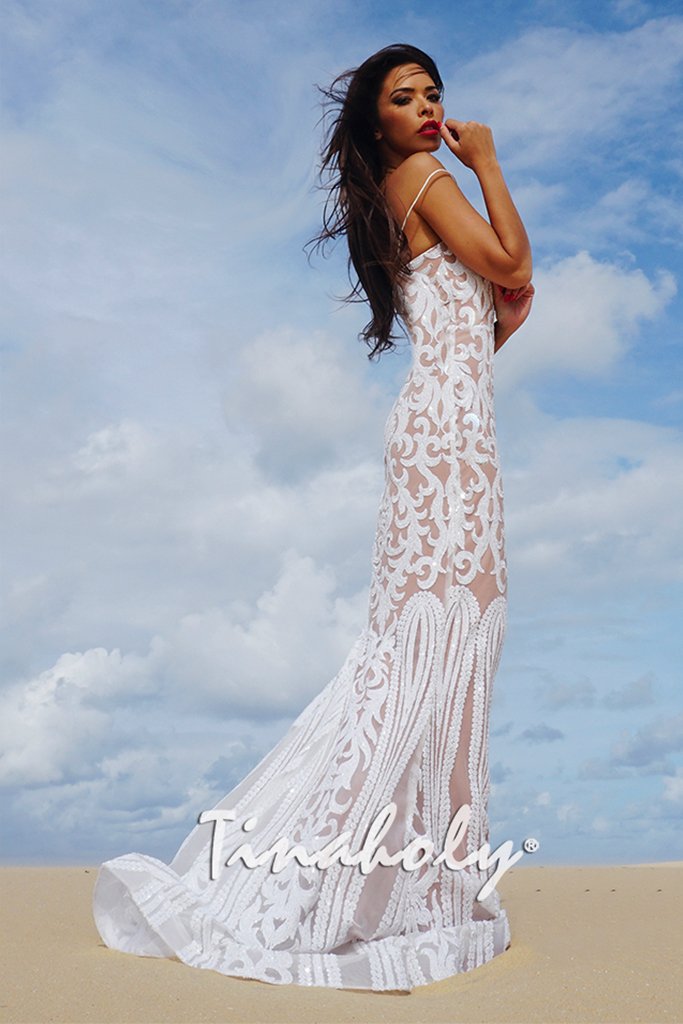 TINA HOLLY COUTURE T17101 white sequin thin strap gown with stunning beading, floor length, prom gown, Brisbane to Gold Coast