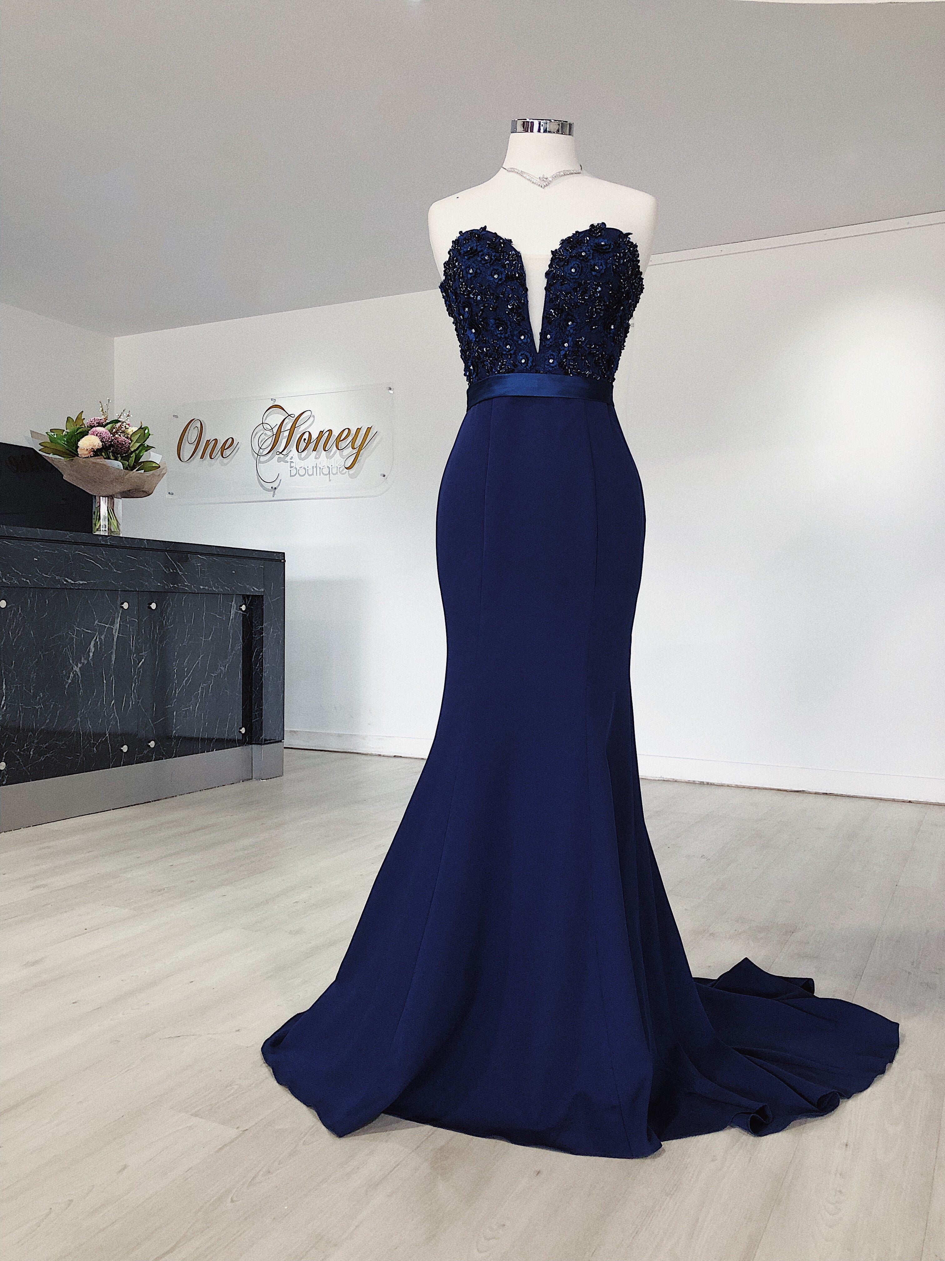 Honey Couture SERENA blue strapless mermaid formal dress with sequin bust and train, from Australian Designer, perfect for prom or events.