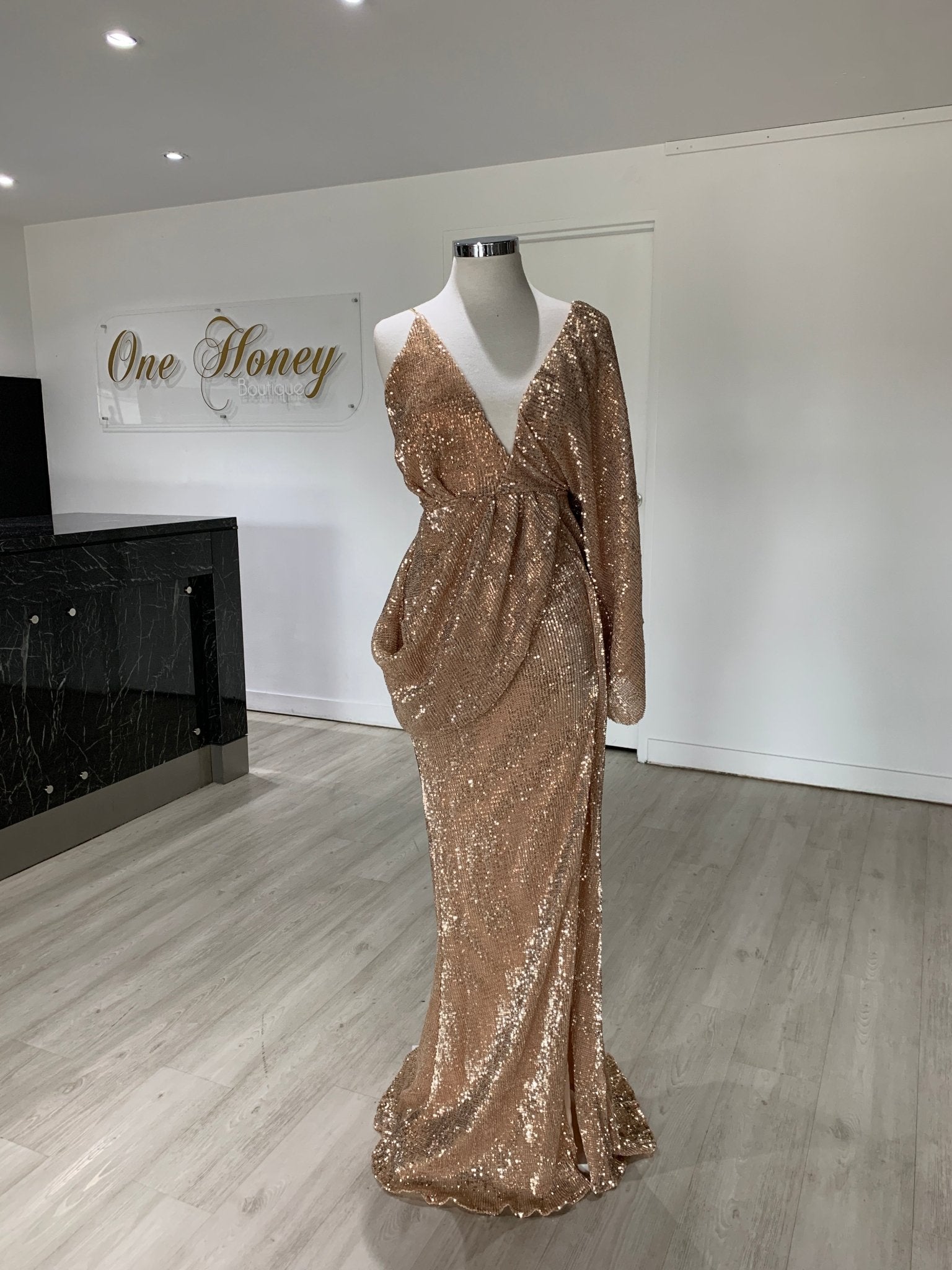 Honey Couture SHAKIRA Rose Gold One Sleeve Sequin Formal Dress in Australia | One Honey Boutique