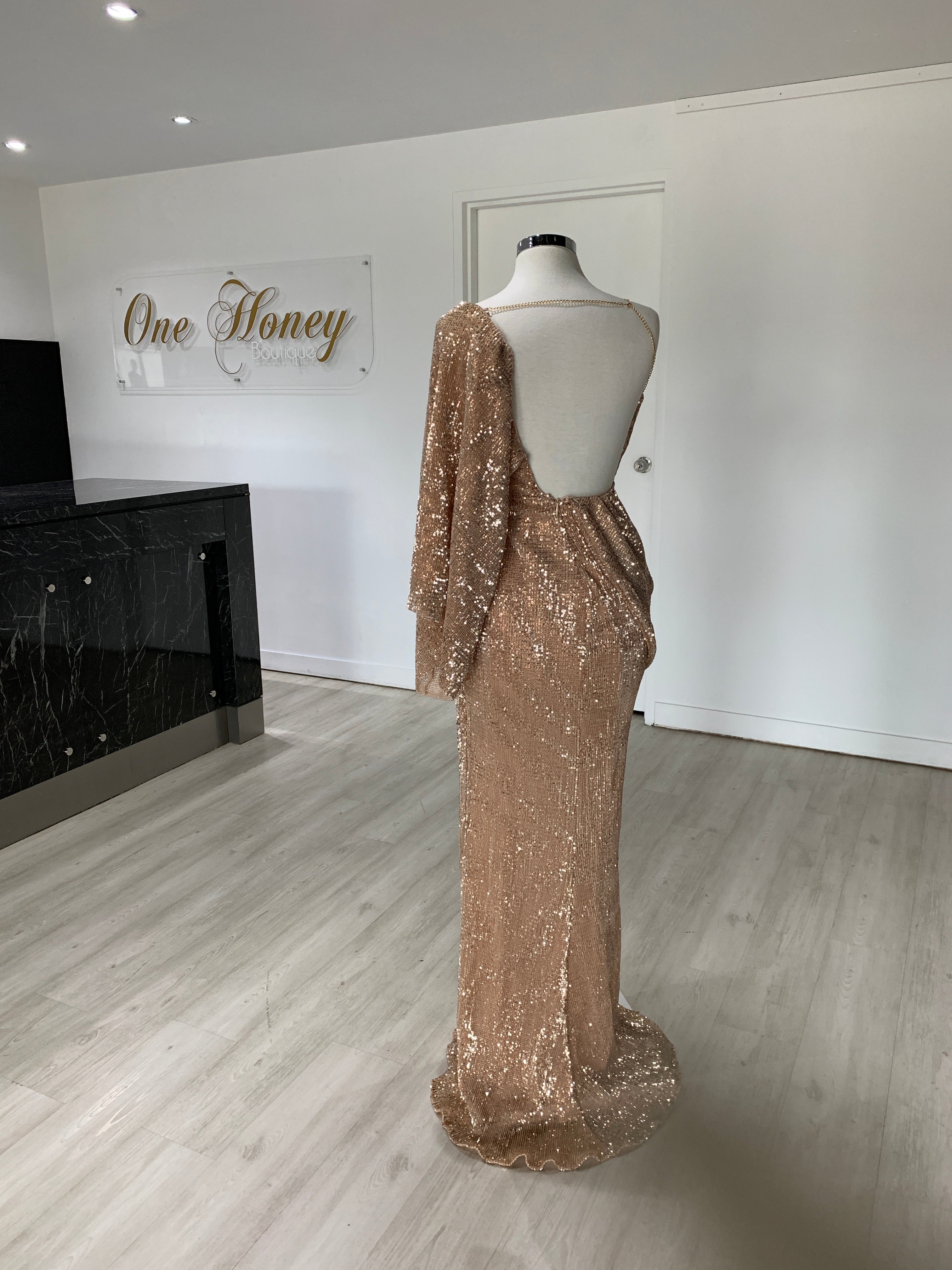 Honey Couture SHAKIRA Rose Gold One Sleeve Sequin Formal Dress {vendor} AfterPay Humm ZipPay LayBuy Sezzle