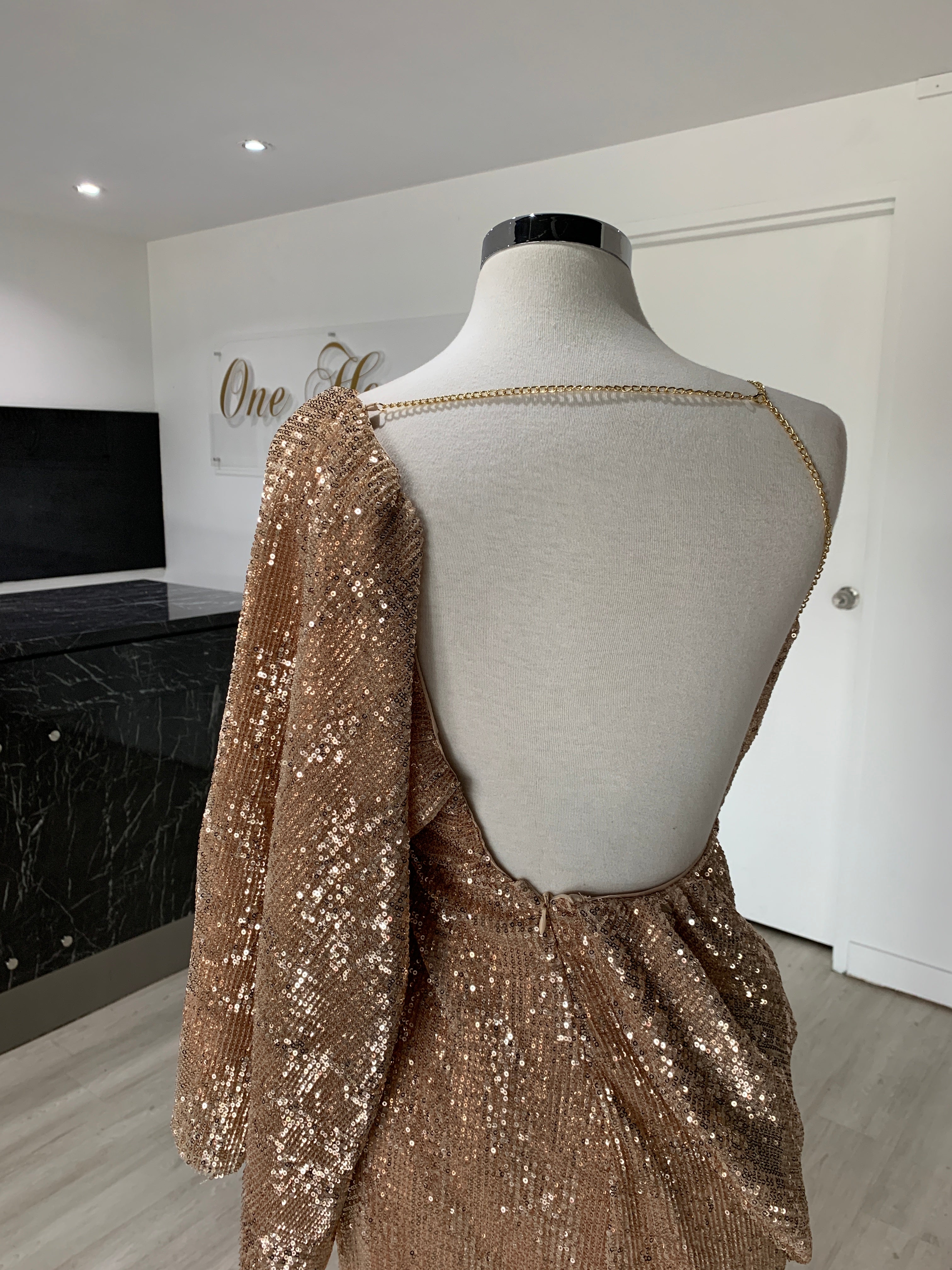 Honey Couture SHAKIRA Rose Gold One Sleeve Sequin Formal Dress {vendor} AfterPay Humm ZipPay LayBuy Sezzle