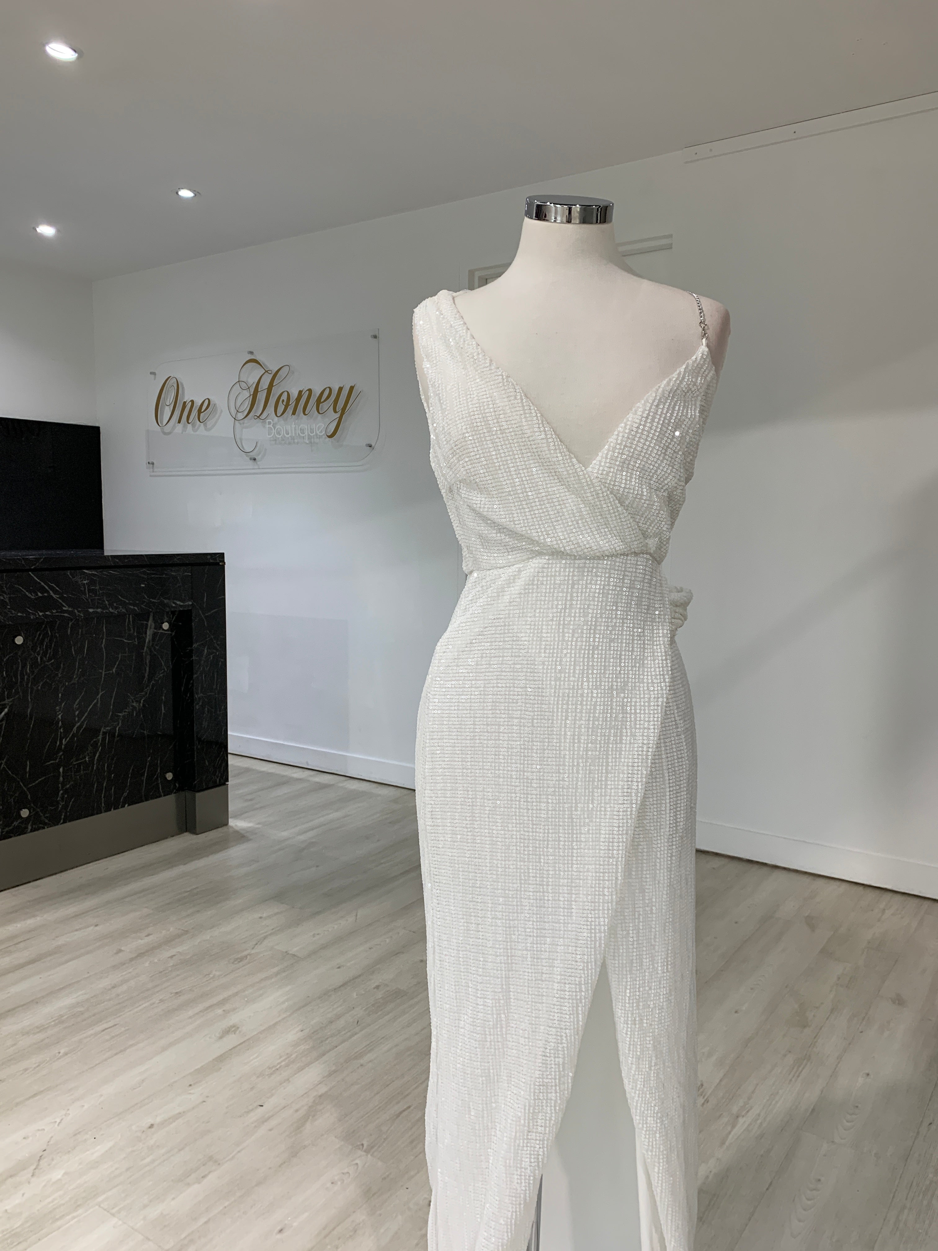 Honey Couture SHANIKA White One Sleeve Sequin Formal Dress {vendor} AfterPay Humm ZipPay LayBuy Sezzle