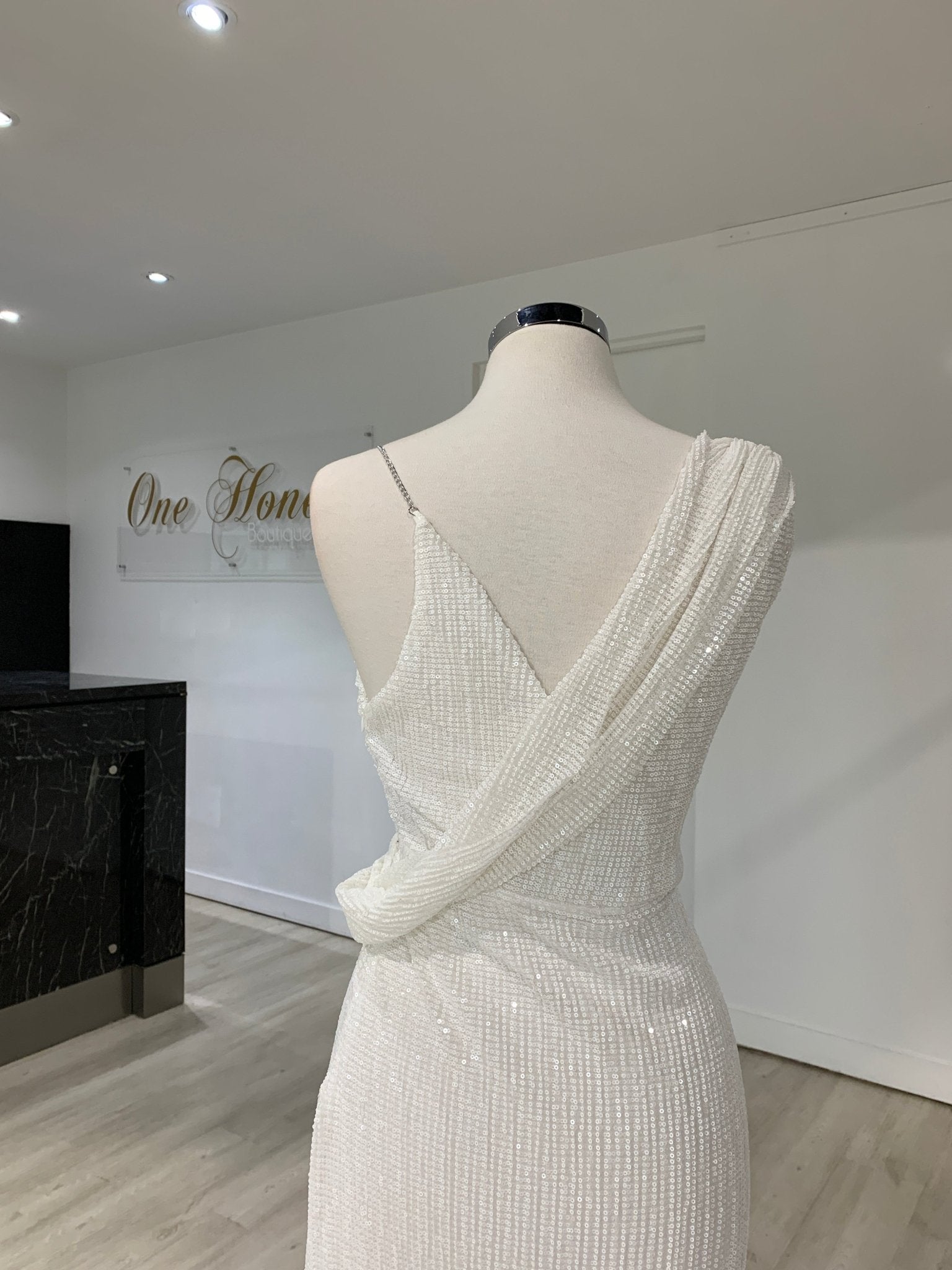 Honey Couture SHANIKA White One Sleeve Sequin Formal Dress in Australia | One Honey Boutique